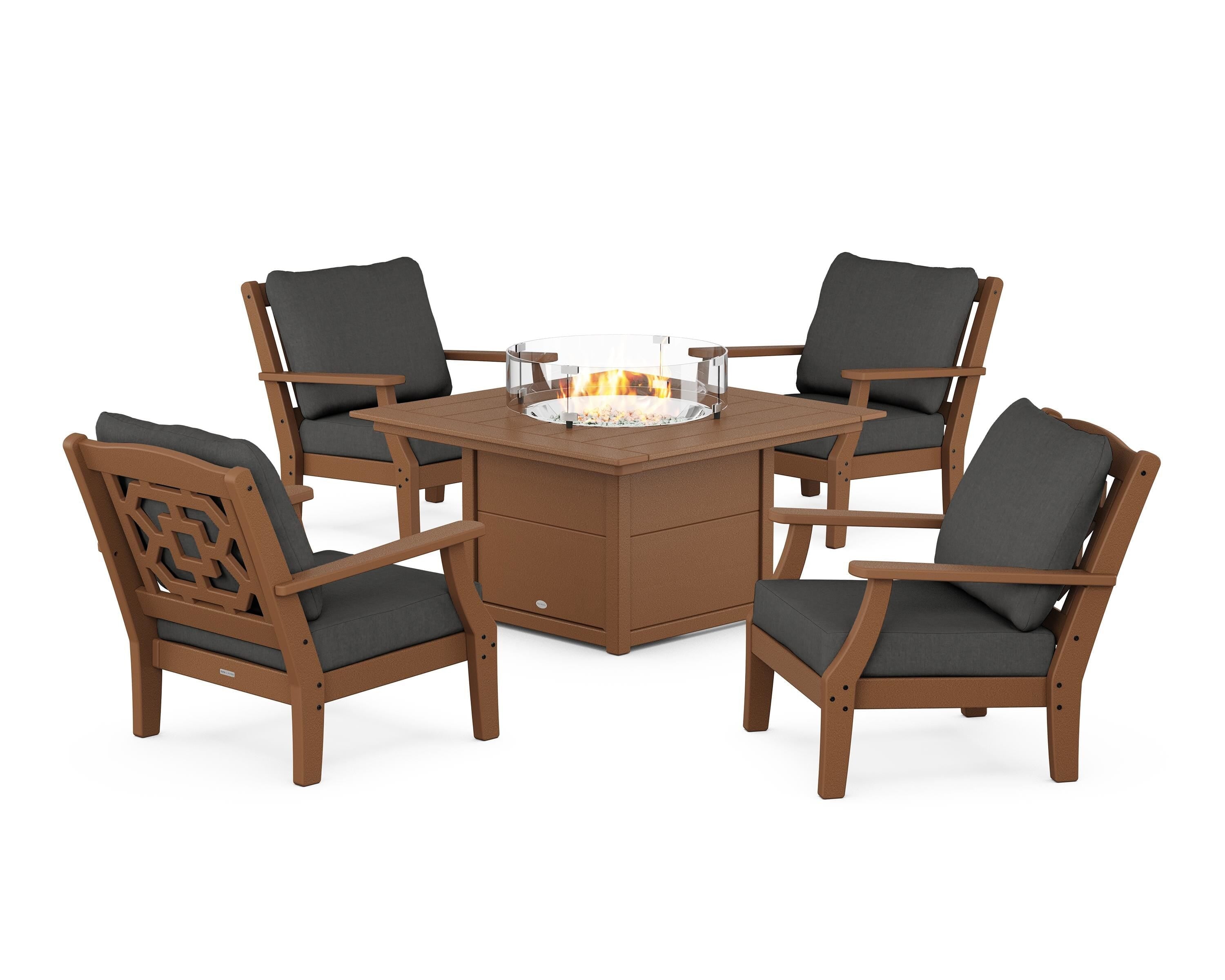 Martha Stewart by POLYWOOD Chinoiserie 5-Piece Deep Seating Set with Fire Pit Table in Teak / Spectrum Carbon