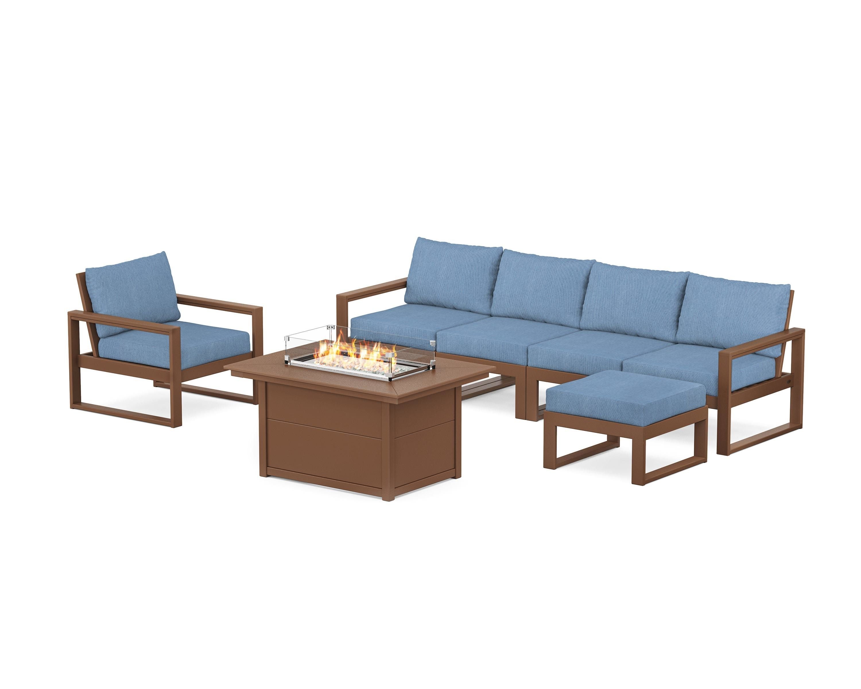 POLYWOOD EDGE Sectional Lounge and Fire Pit Set in Teak / Sky Blue