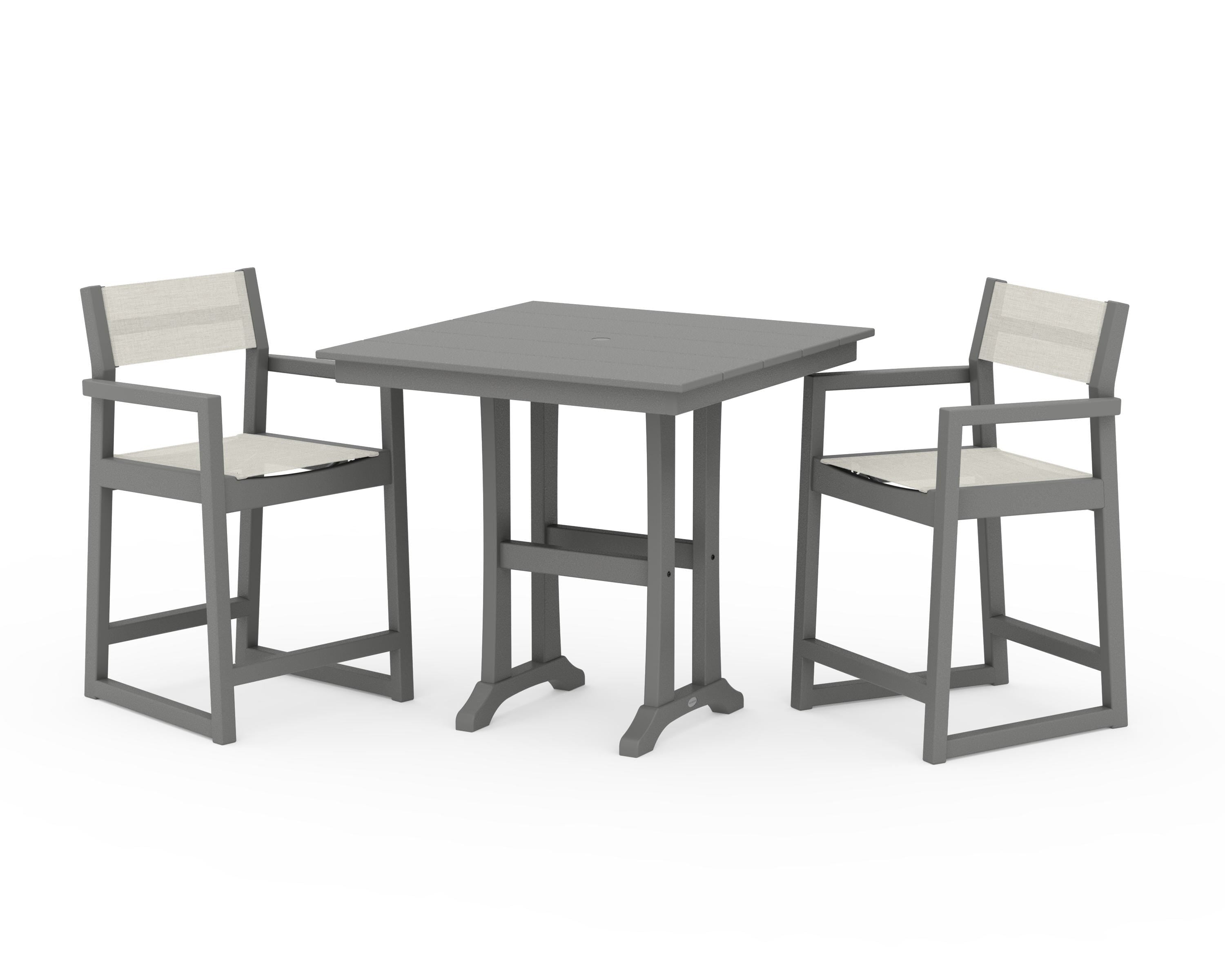 POLYWOOD EDGE Sling Arm Chair 3-Piece Farmhouse Counter Set with Trestle Legs in Slate Grey / Parchment Sling