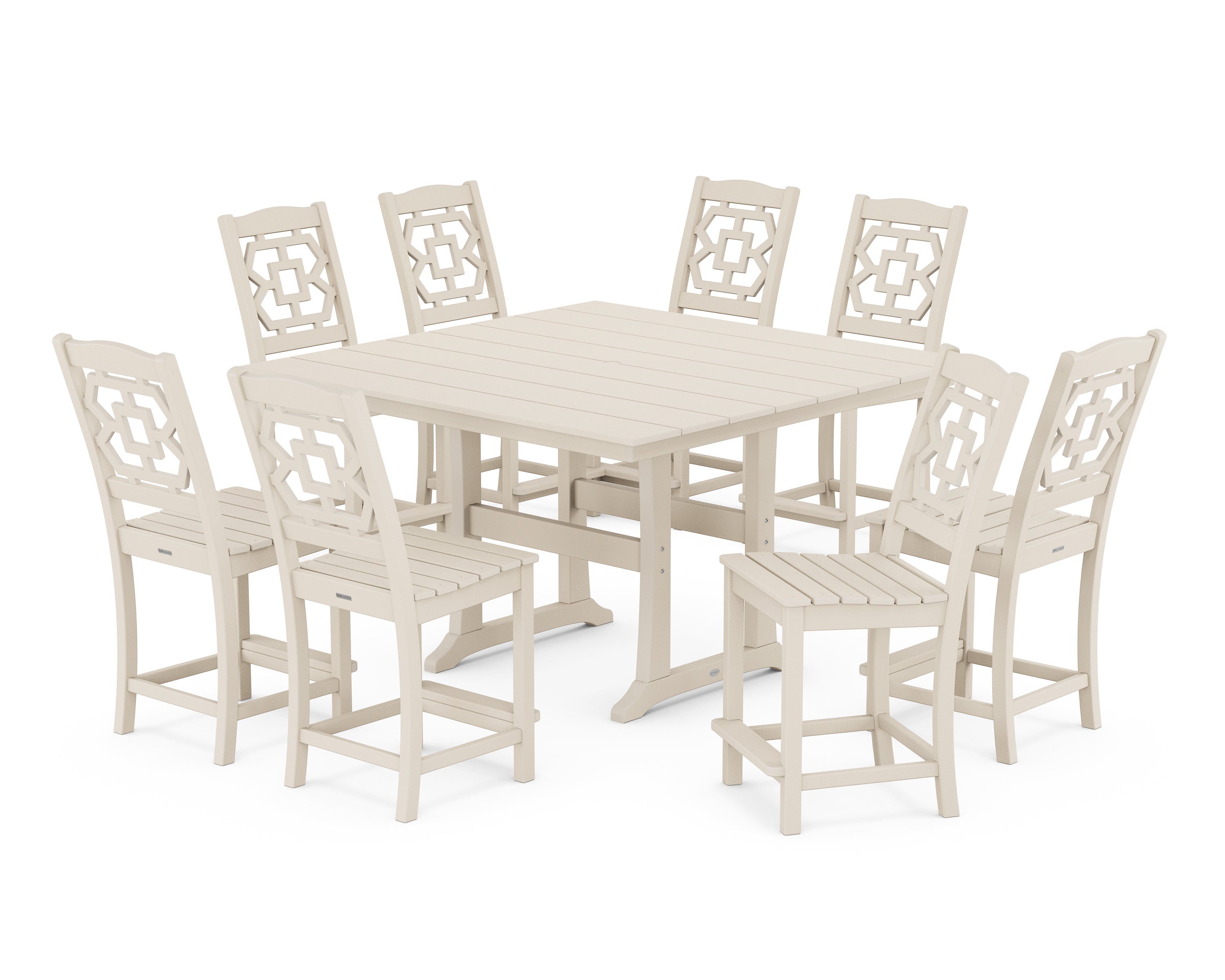 Martha Stewart by POLYWOOD® Chinoiserie 9-Piece Square Farmhouse Side Chair Counter Set with Trestle Legs in Sand