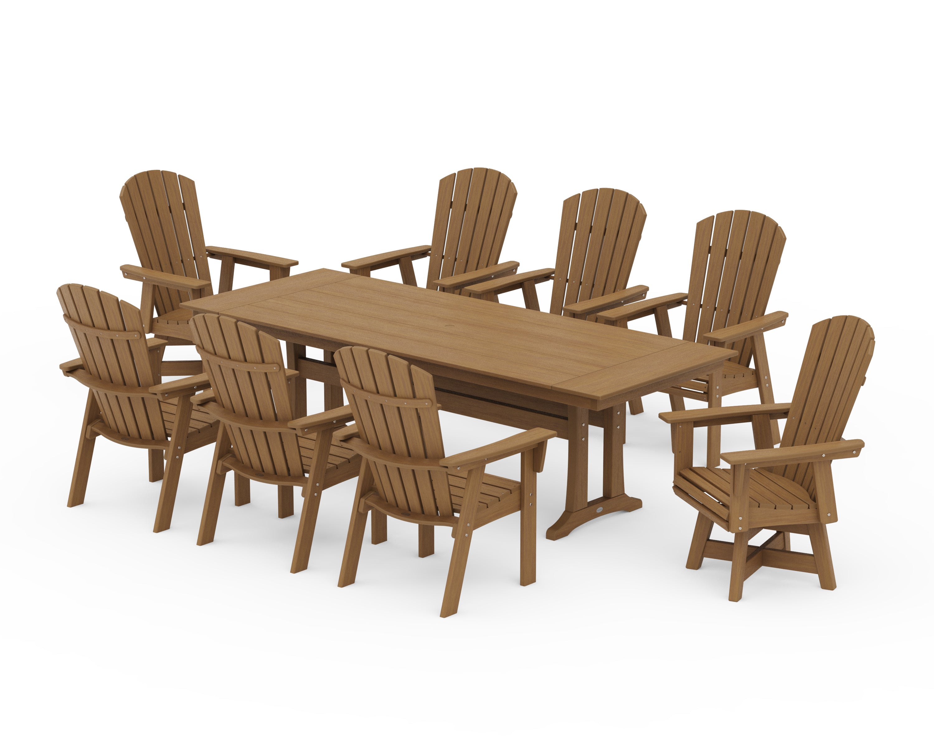 POLYWOOD Nautical Curveback Adirondack Swivel 9-Piece Farmhouse Dining Set with Trestle Legs in Natural