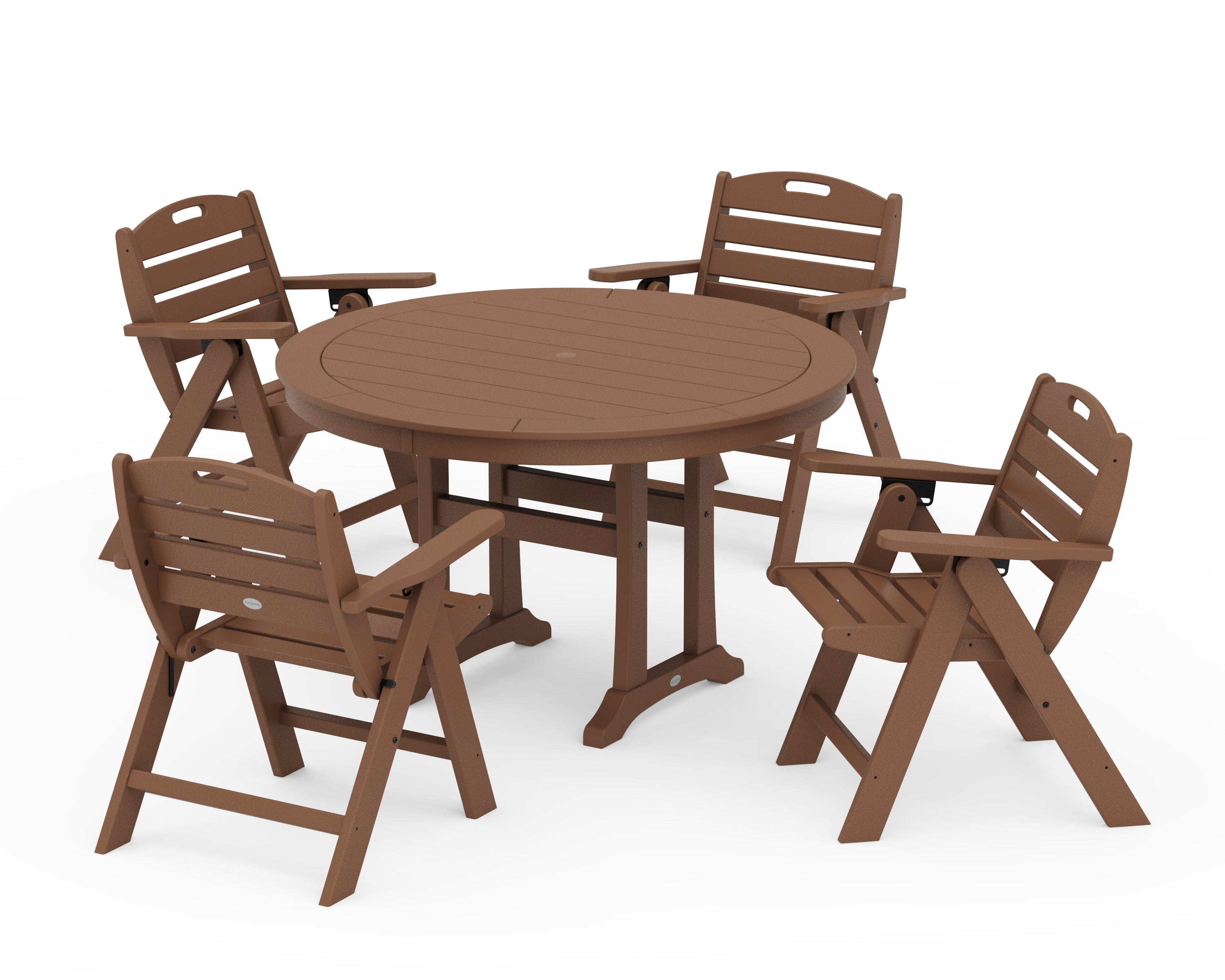 POLYWOOD Nautical Folding Lowback Chair 5-Piece Round Dining Set With Trestle Legs in Teak