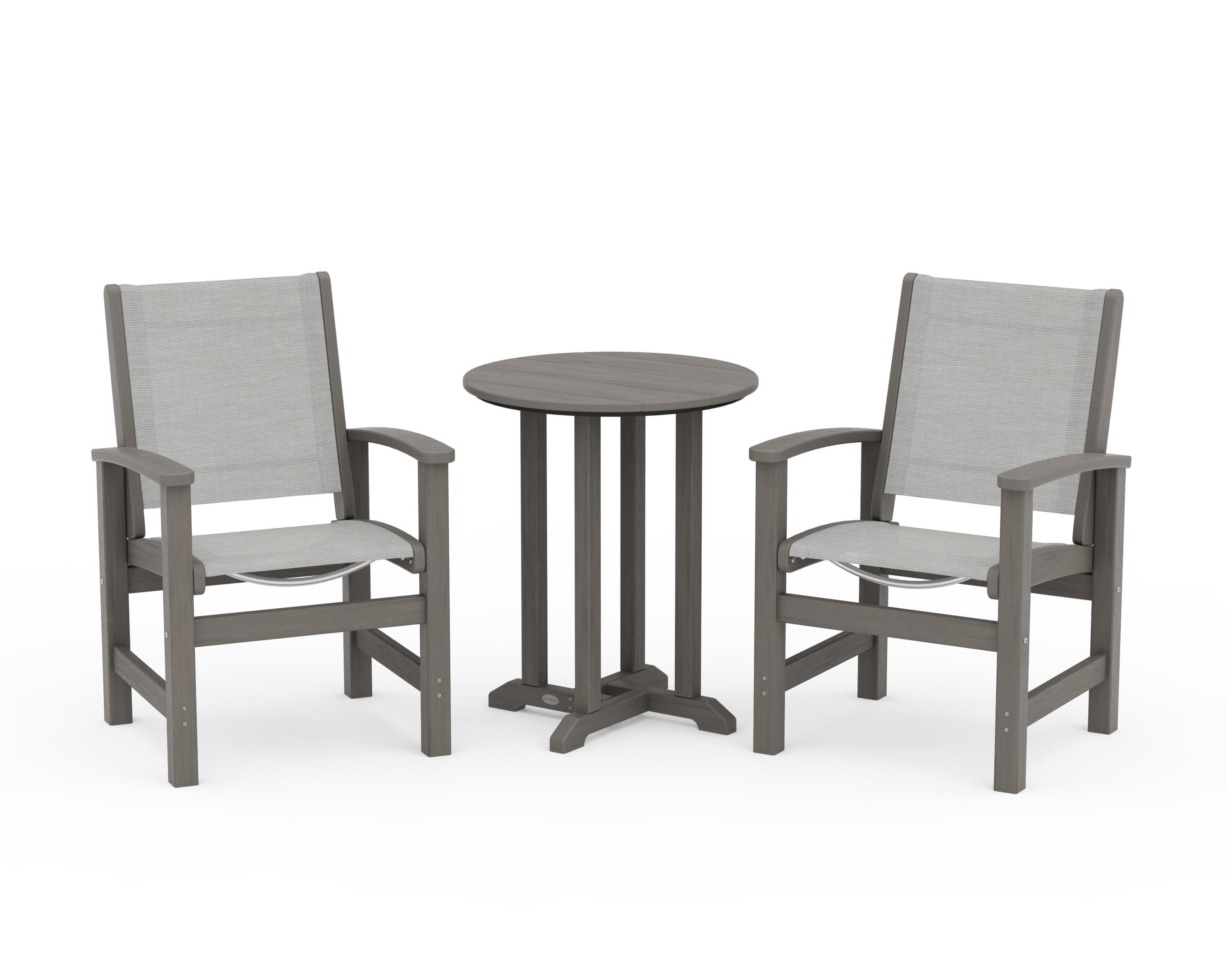 POLYWOOD Coastal 3-Piece Round Bistro Dining Set in Driftwood / Metallic Sling