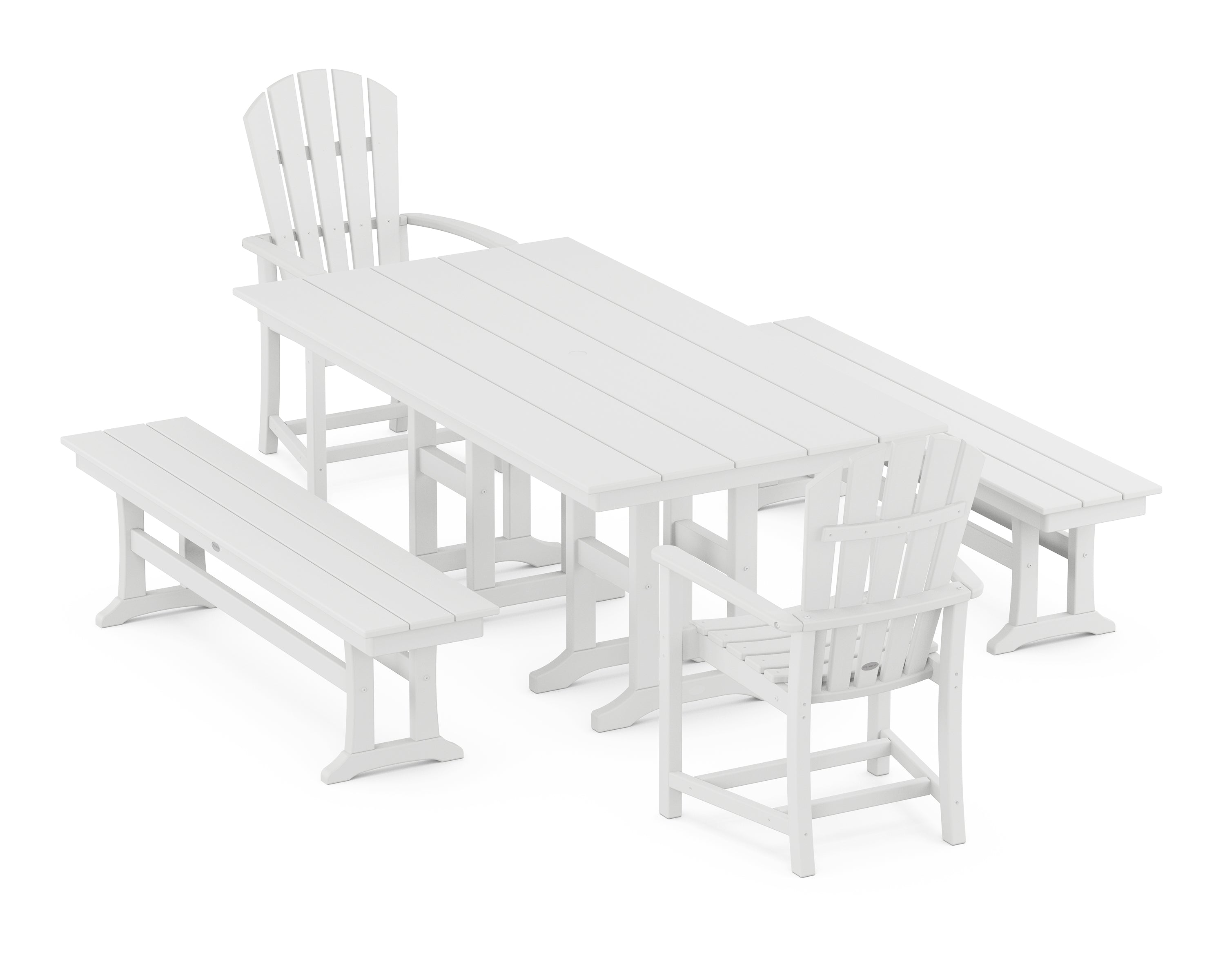 POLYWOOD Palm Coast 5-Piece Farmhouse Dining Set with Benches in White