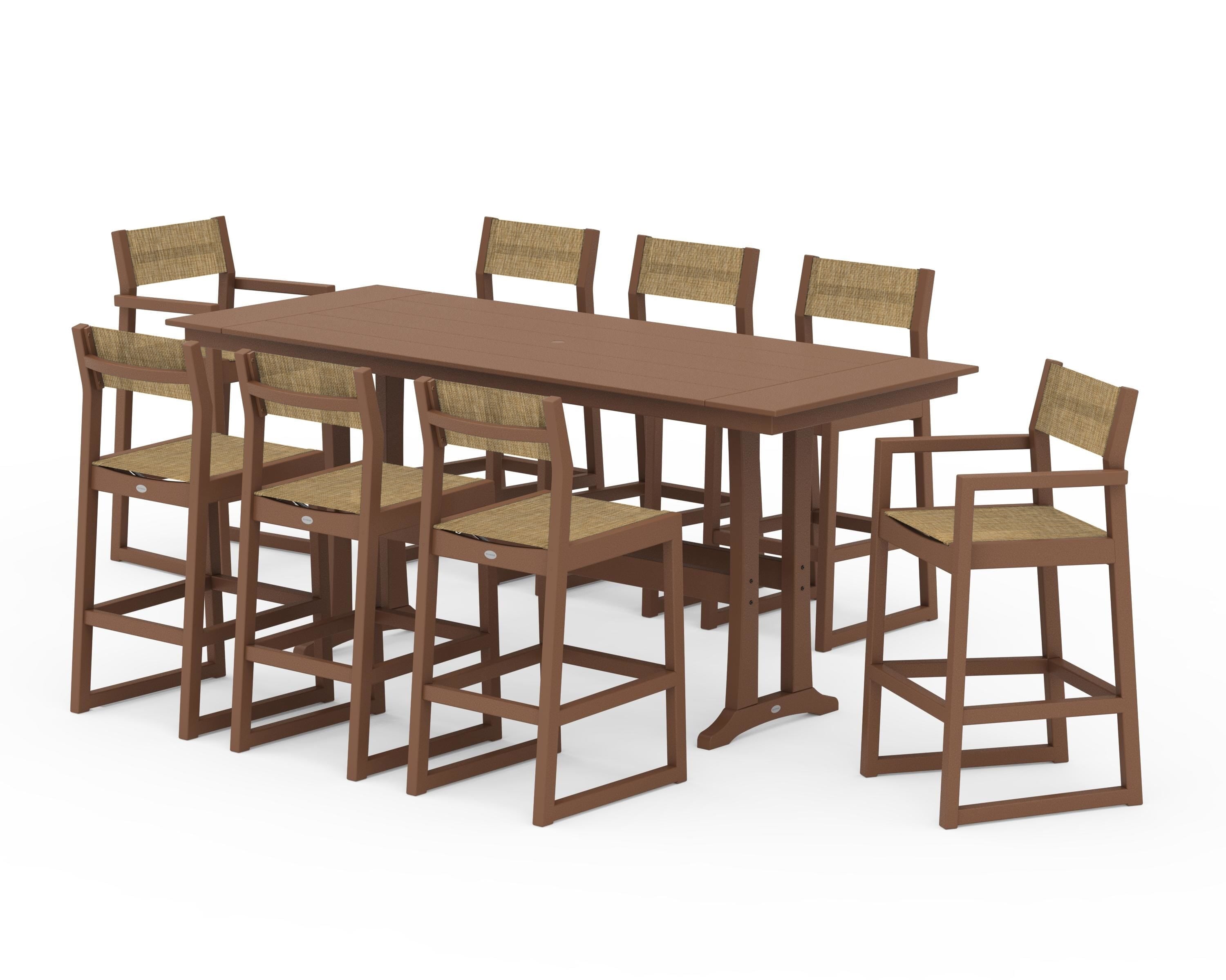 POLYWOOD EDGE Sling 9-Piece Farmhouse Bar Set with Trestle Legs in Teak / Burlap Sling
