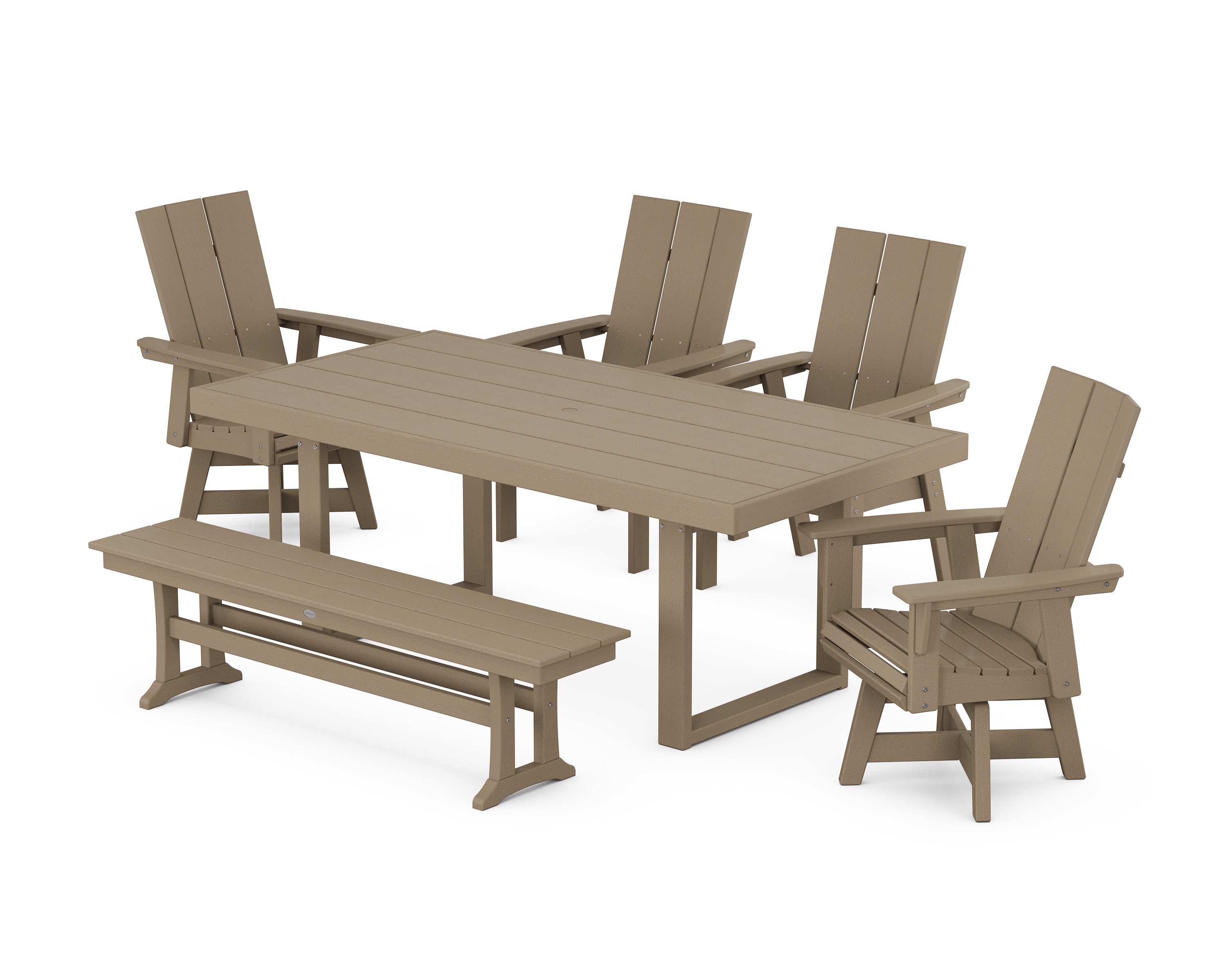 POLYWOOD® Modern Curveback Adirondack Swivel Chair 6-Piece Dining Set with Bench in Vintage Sahara