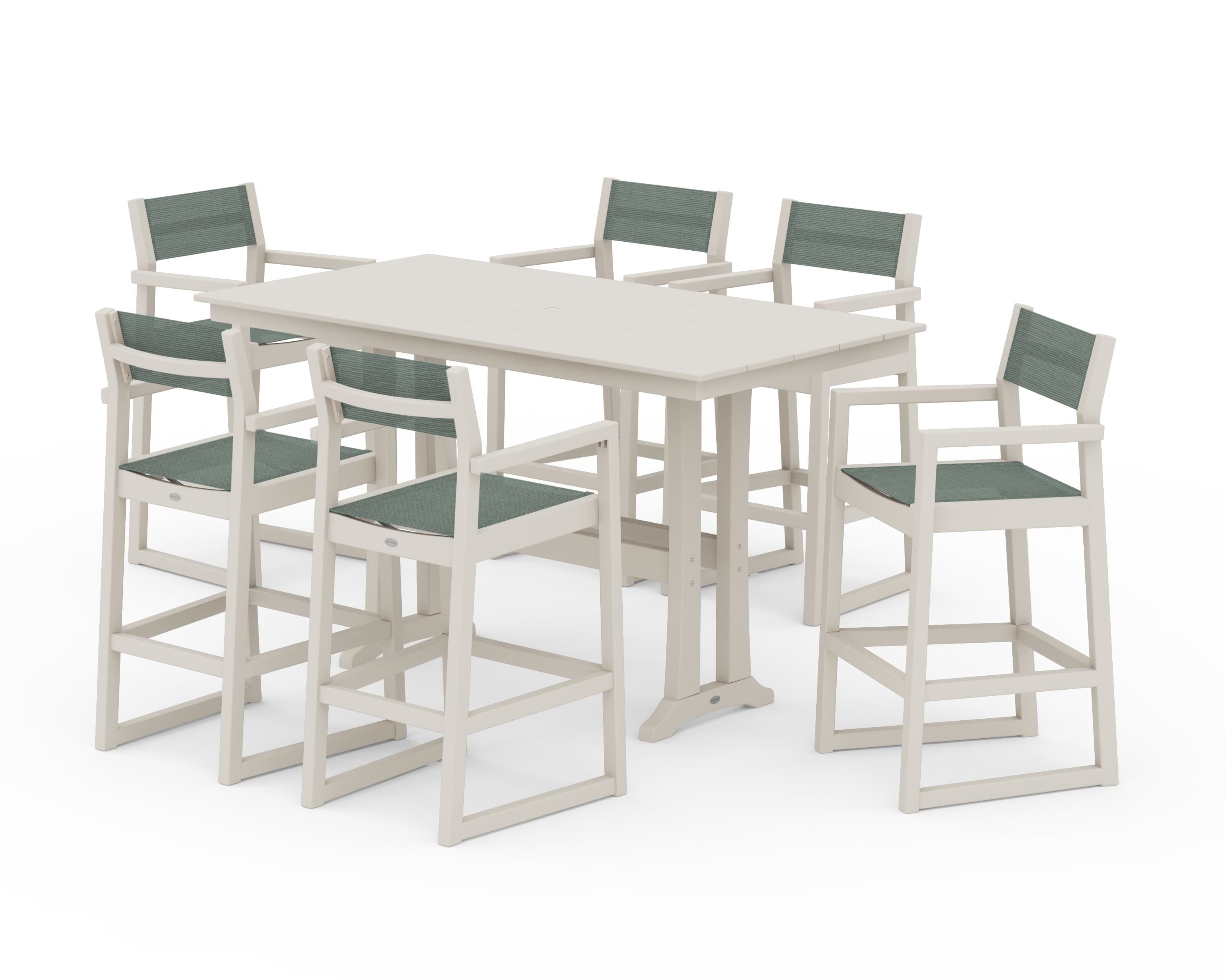 POLYWOOD EDGE Sling Arm Chair 7-Piece Farmhouse Bar Set with Trestle Legs in Sand / Dupioni Sea Mist Sling