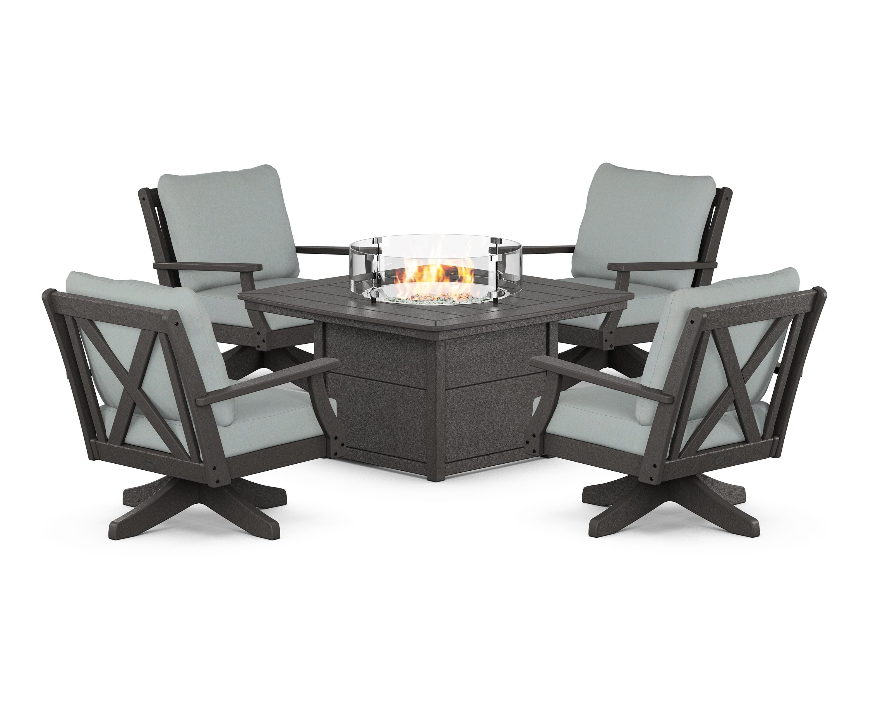POLYWOOD Braxton 5-Piece Deep Seating Swivel Conversation Set with Fire Pit Table in Vintage Coffee / Spa