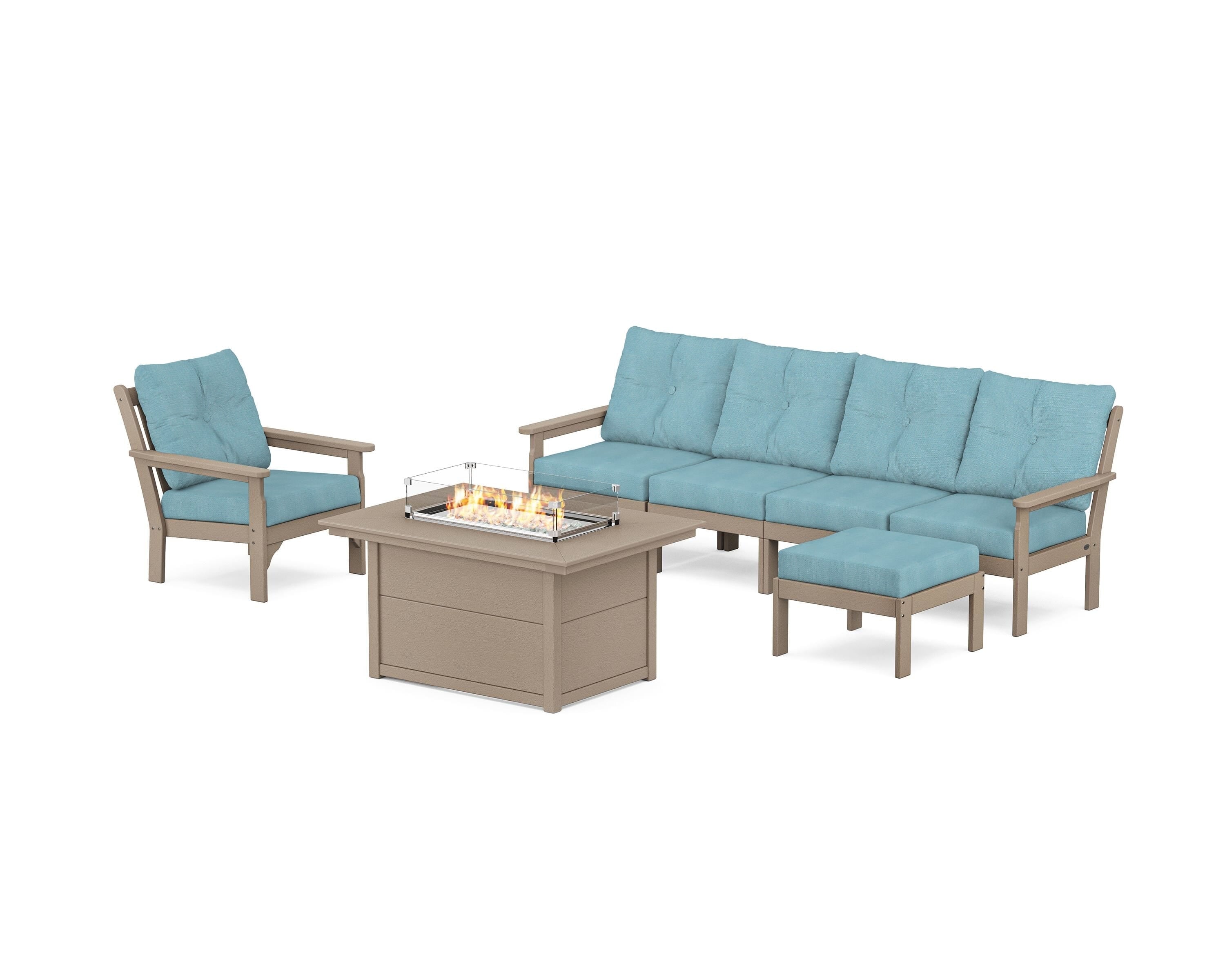 POLYWOOD Vineyard Sectional Lounge and Fire Pit Set in Vintage Sahara / Lattice Sky Blue