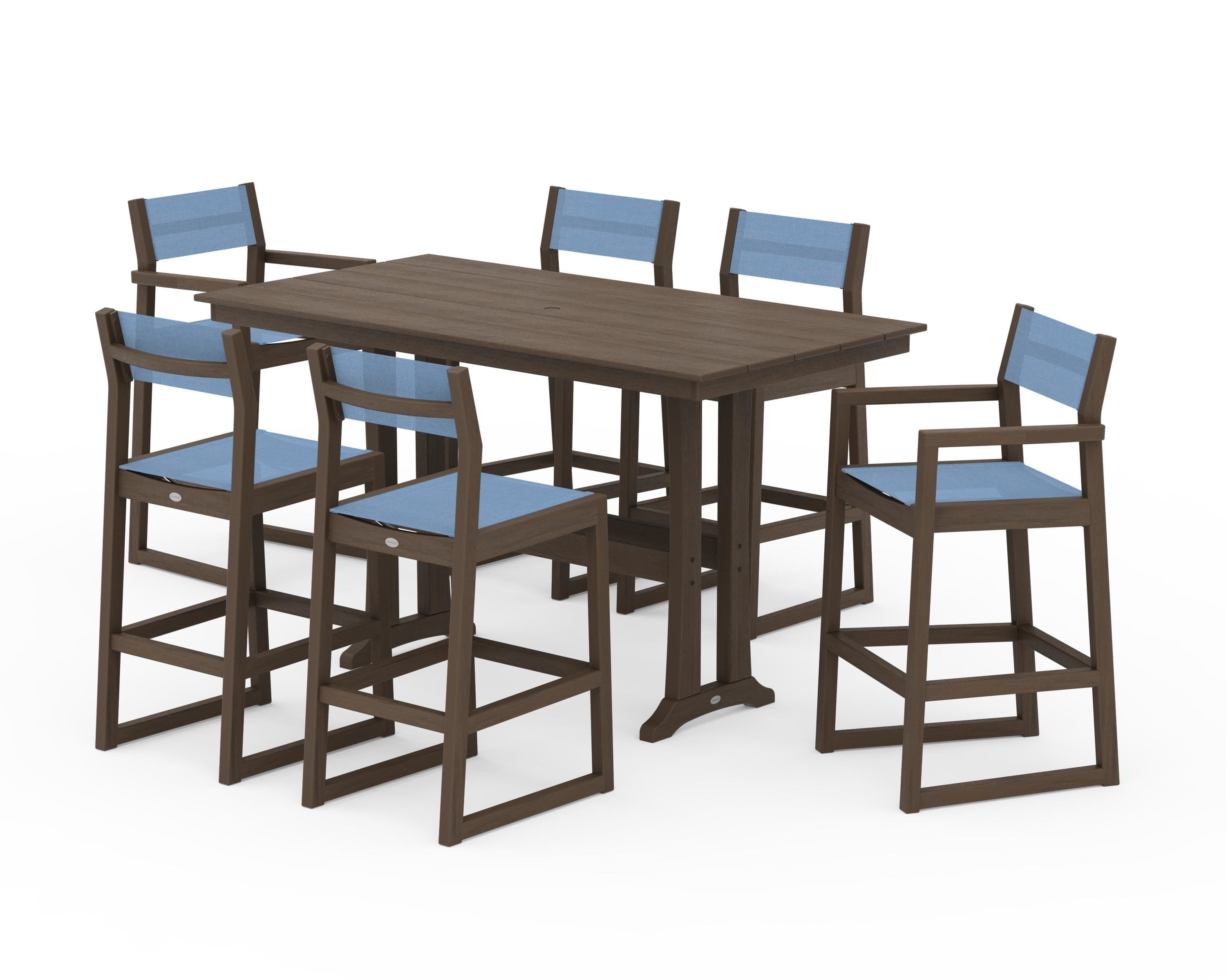 POLYWOOD EDGE Sling 7-Piece Farmhouse Bar Set with Trestle Legs in Kona / Poolside Sling