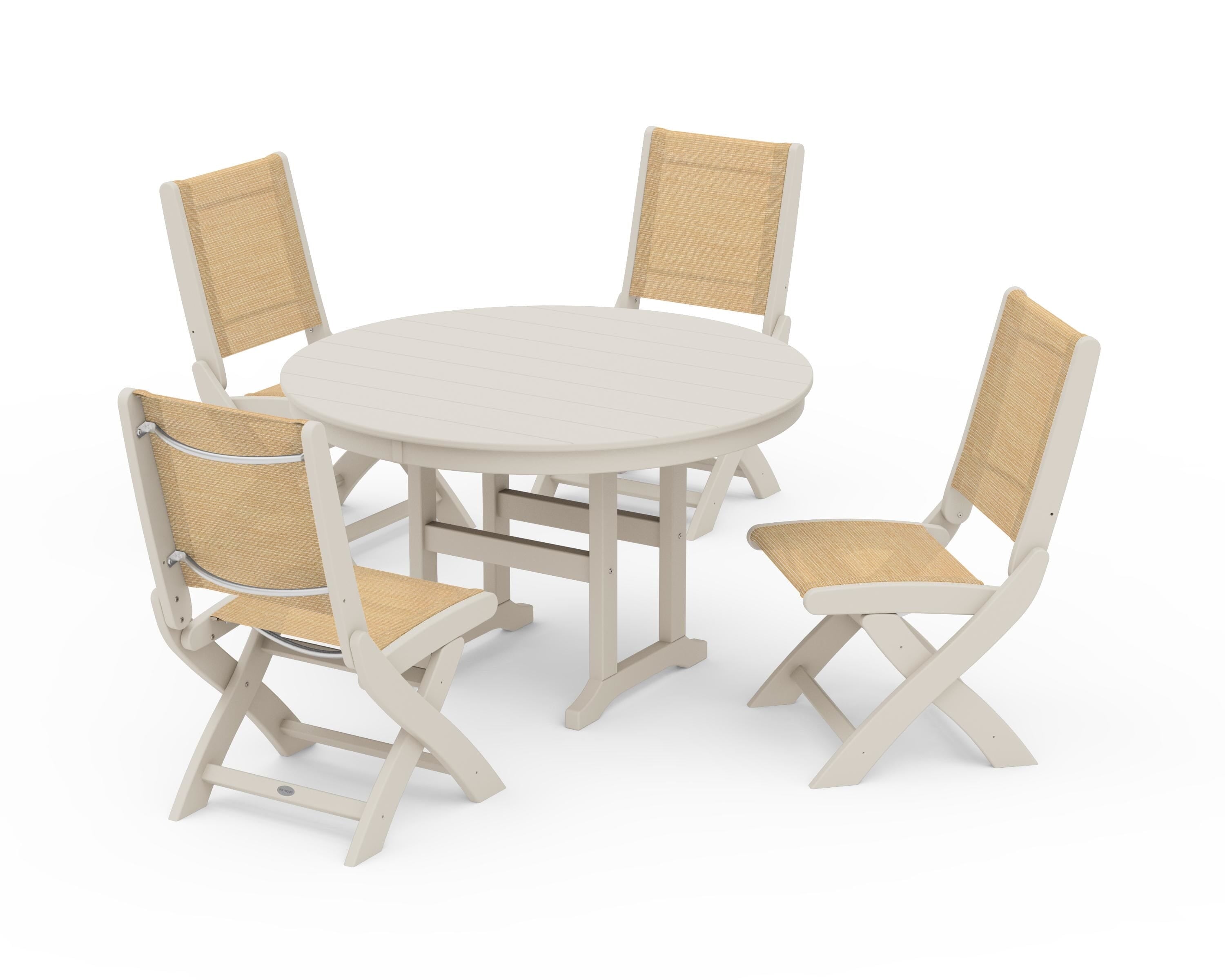 POLYWOOD Coastal Folding Side Chair 5-Piece Round Dining Set in Sand / Dupioni Apricot Sling