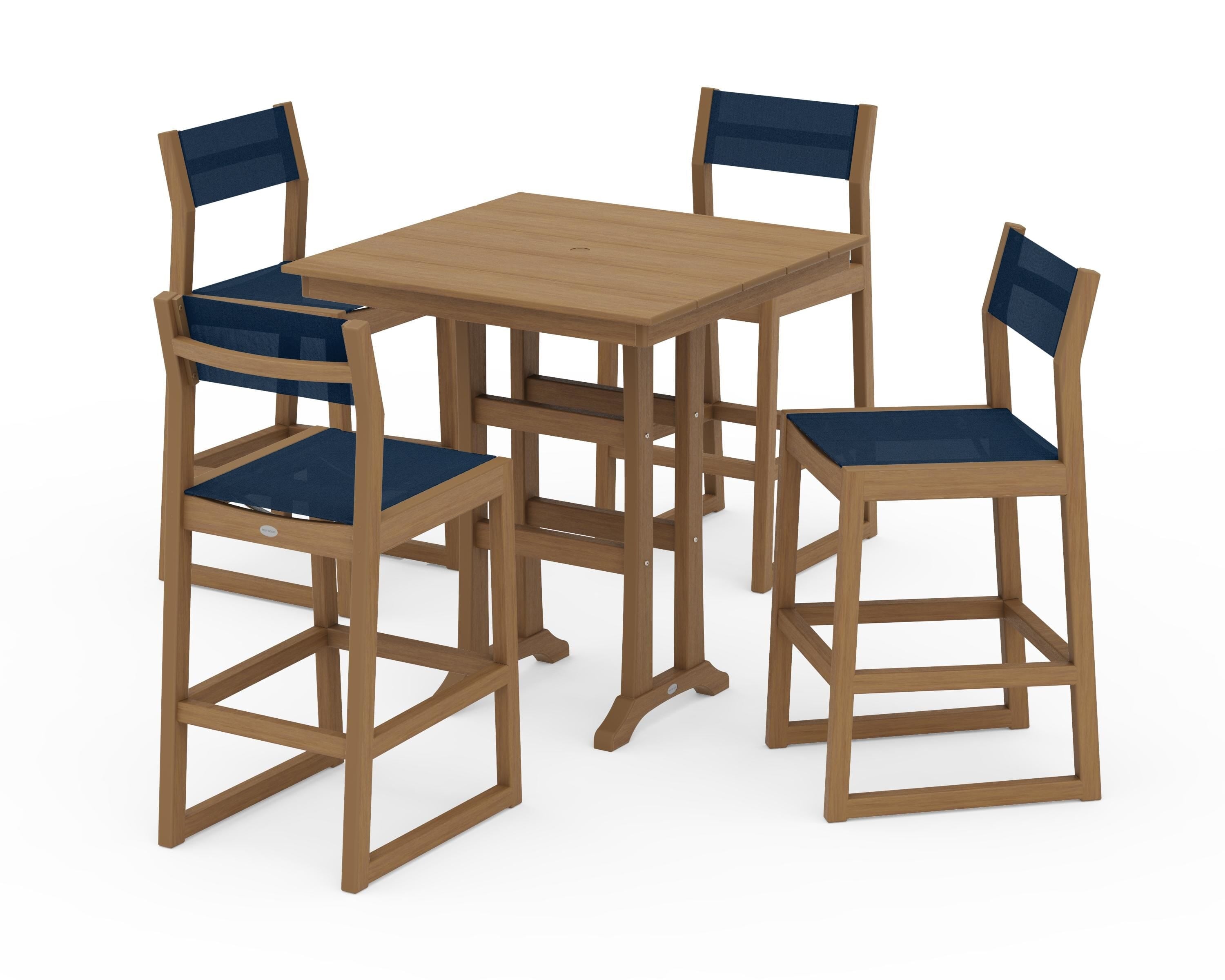 POLYWOOD EDGE Sling Arm Chair 5-Piece Farmhouse Bar Set with Trestle Legs in Natural / Navy Blue Sling