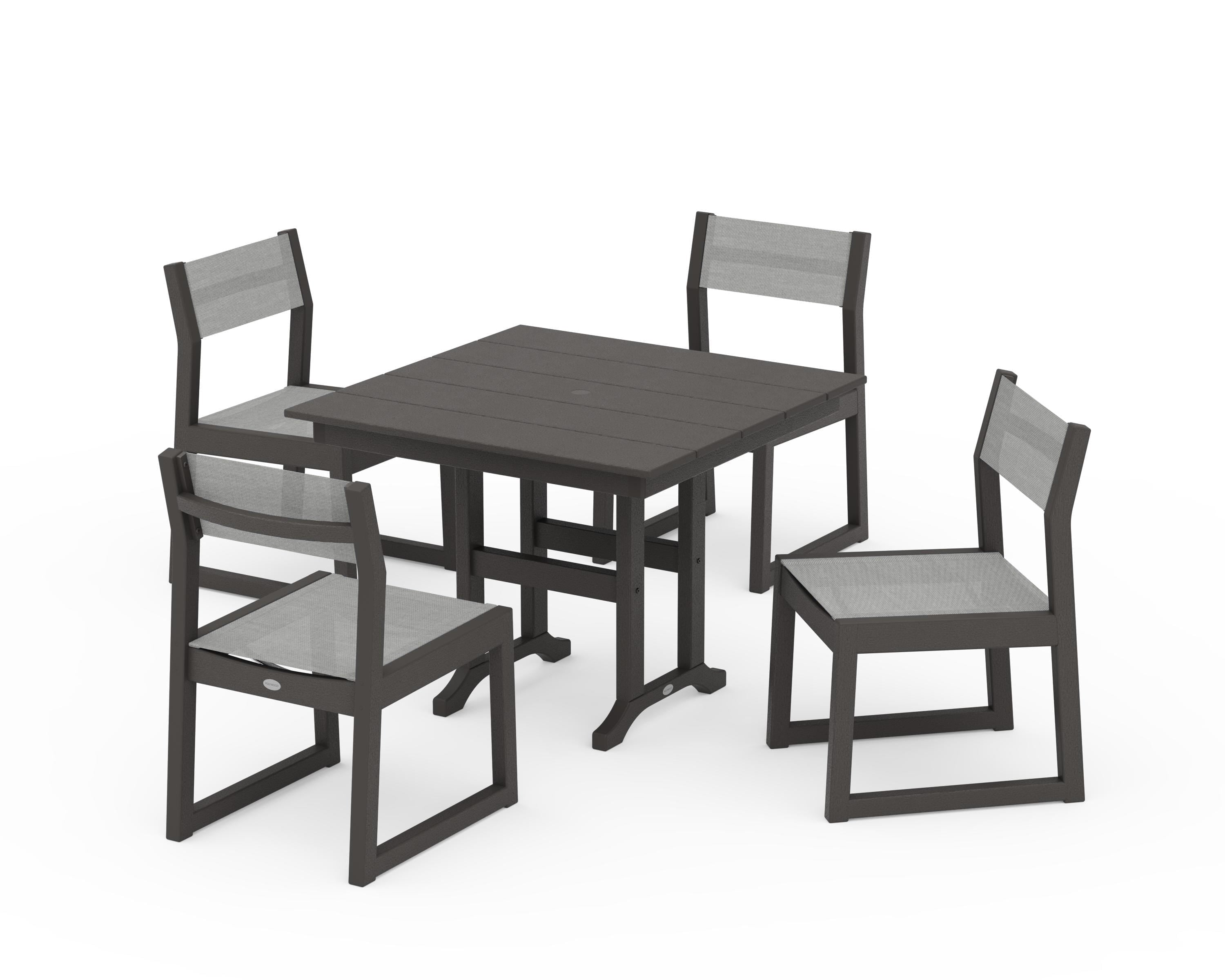 POLYWOOD EDGE Sling Side Chair 5-Piece Farmhouse Dining Set in Vintage Coffee / Metallic Sling