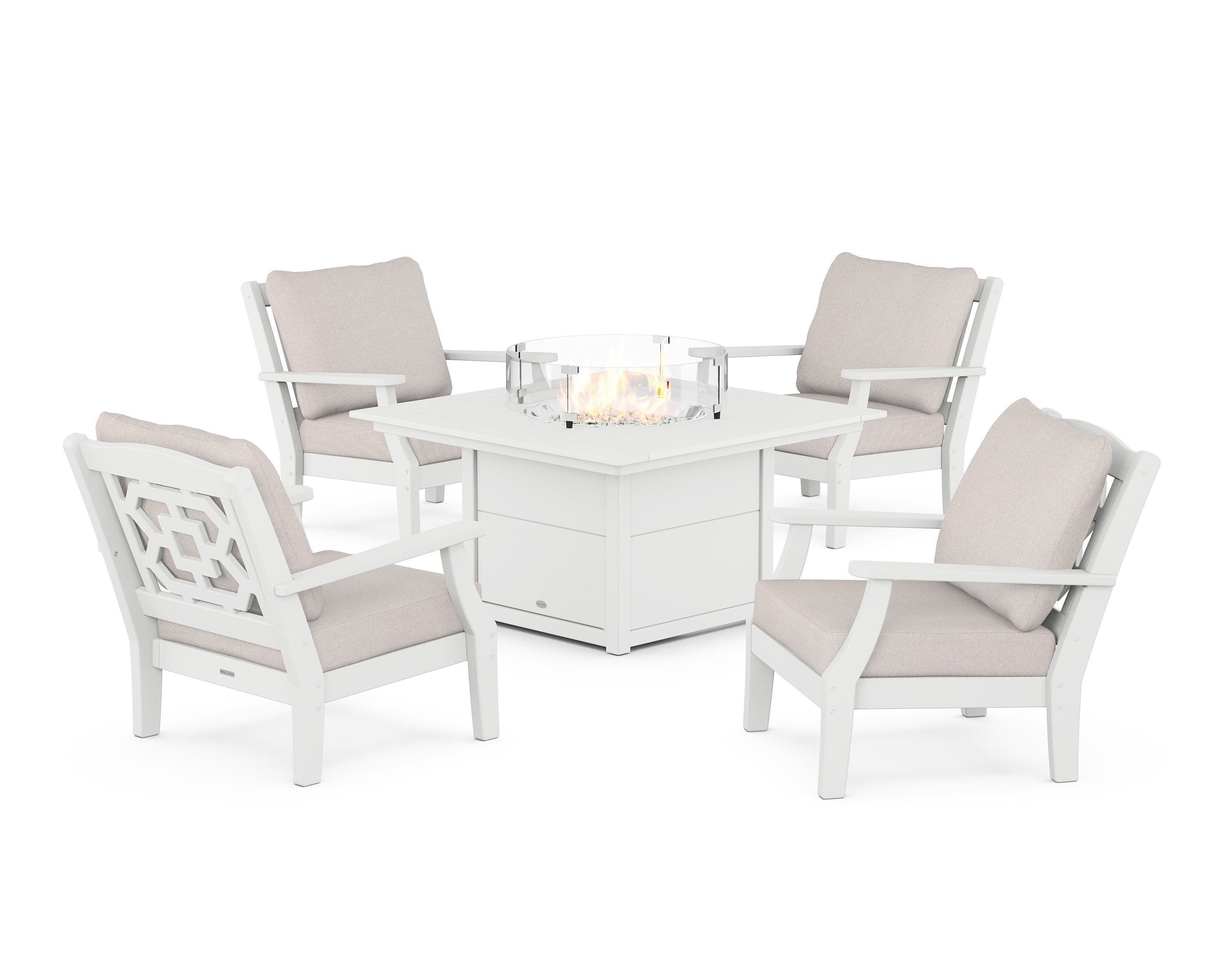Martha Stewart by POLYWOOD Chinoiserie 5-Piece Deep Seating Set with Fire Pit Table in White / Dune Burlap