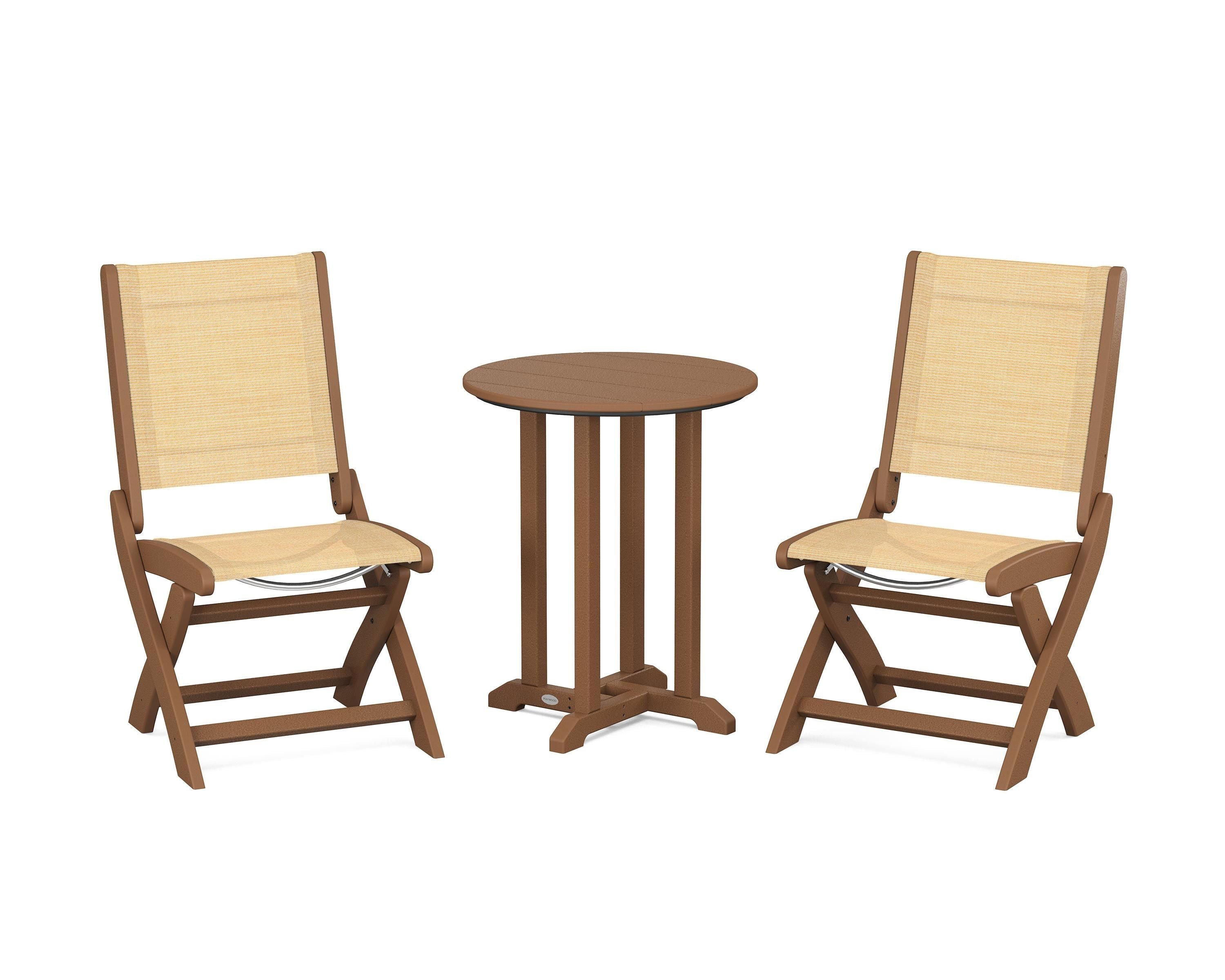 POLYWOOD Coastal Folding Side Chair 3-Piece Round Bistro Dining Set in Teak / Dupioni Apricot Sling
