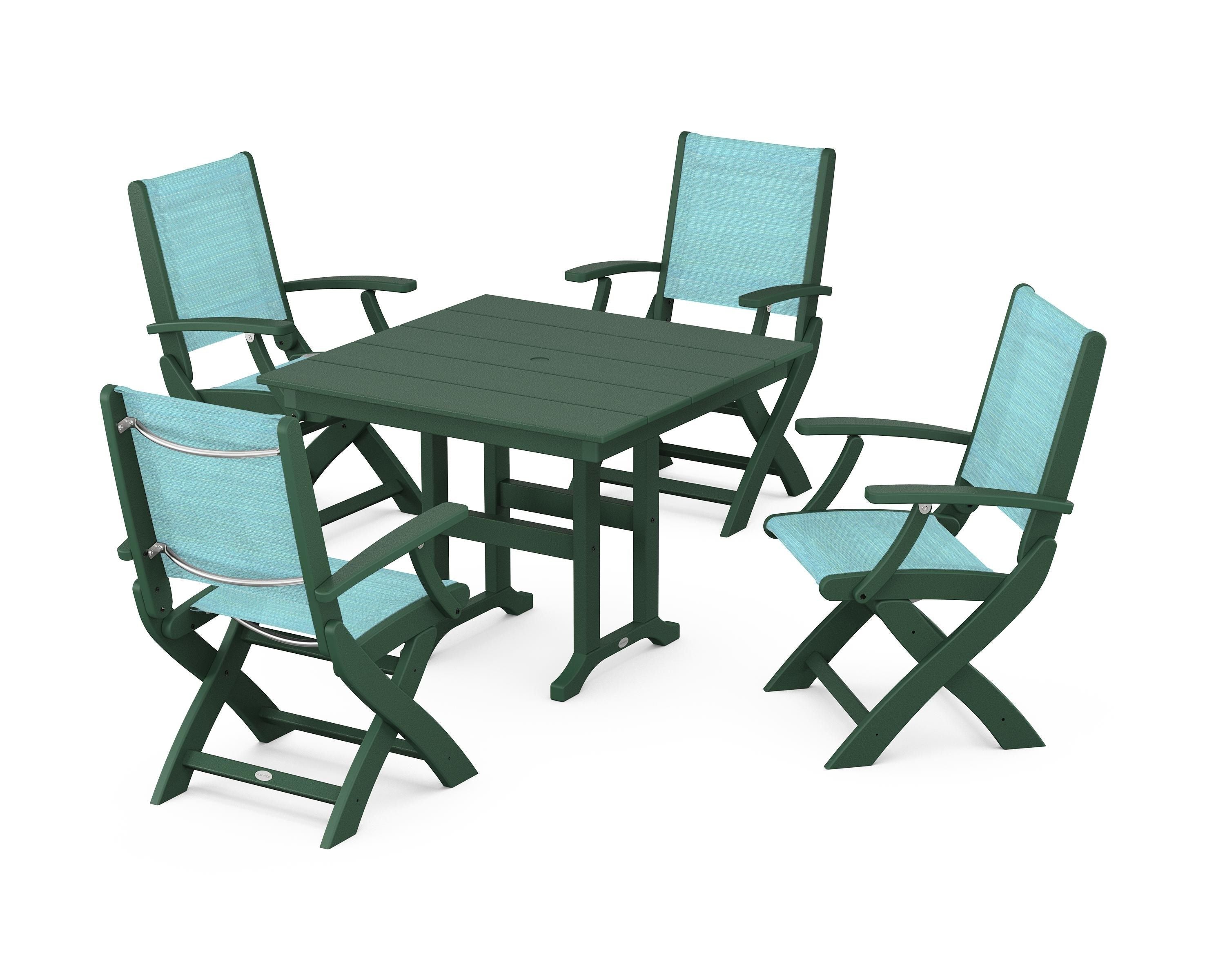 POLYWOOD Coastal Folding Chair 5-Piece Farmhouse Dining Set in Green / Dupioni Aquamarine Sling