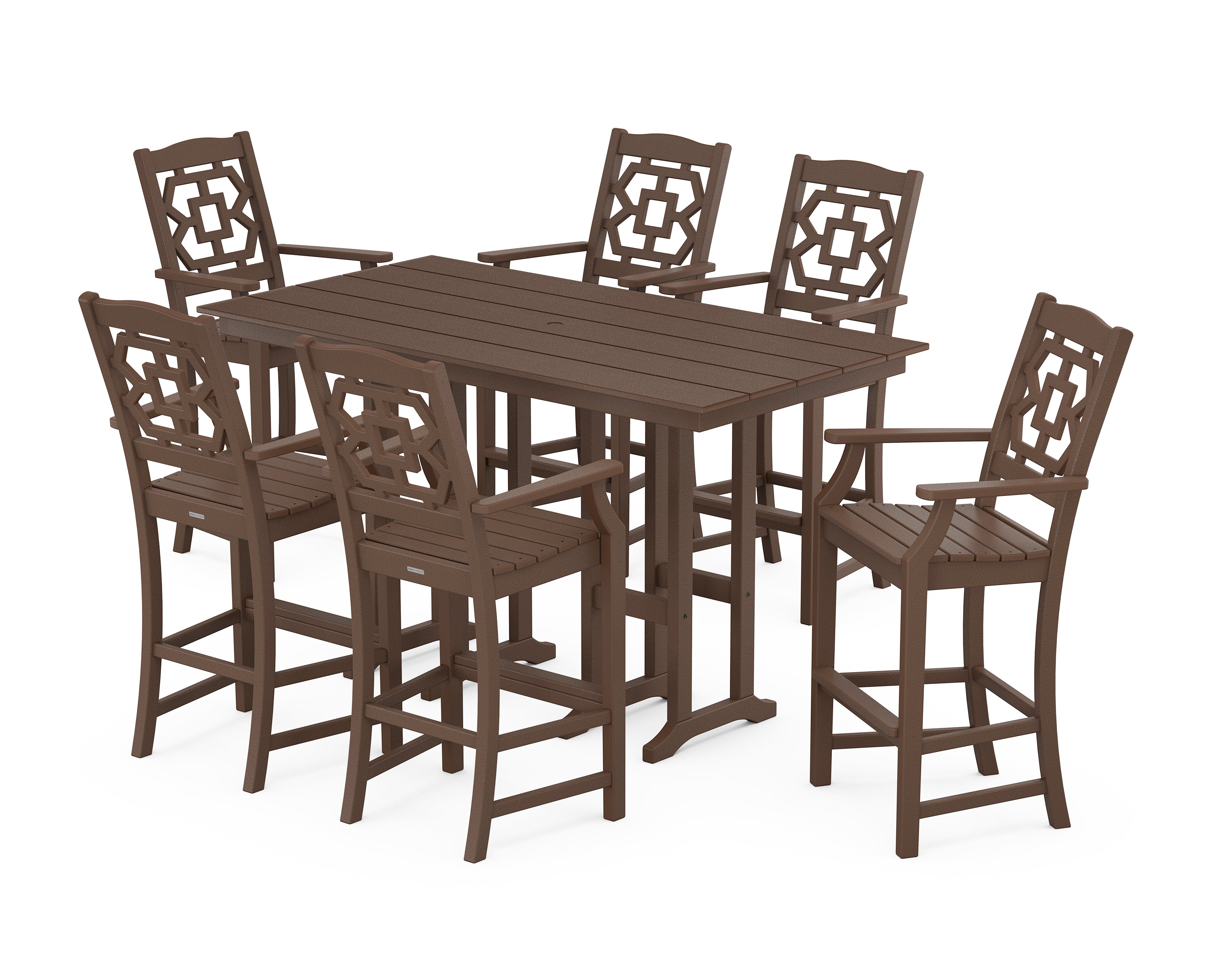Martha Stewart by POLYWOOD® Chinoiserie Arm Chair 7-Piece Farmhouse Bar Set in Mahogany