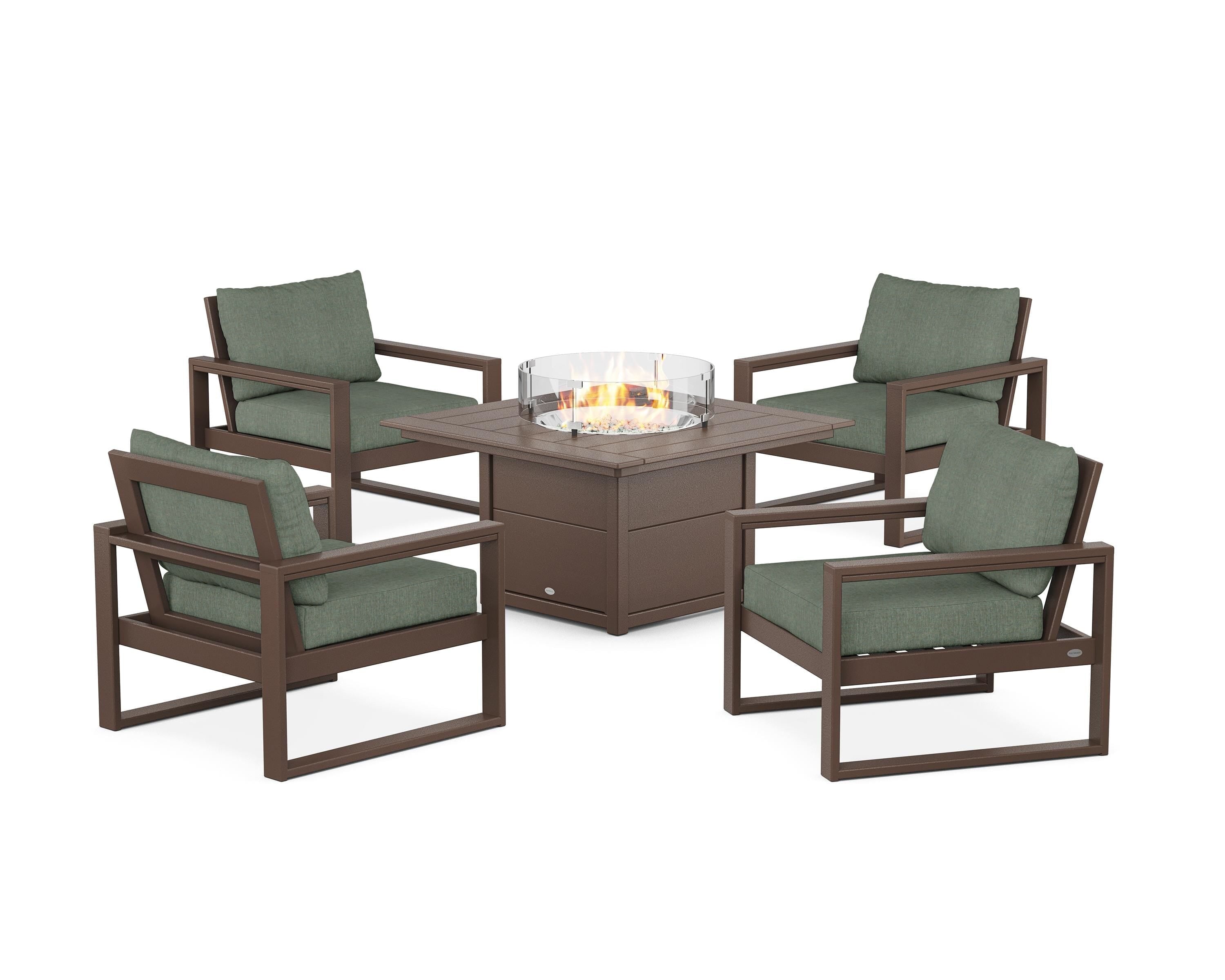 POLYWOOD EDGE Sectional 5-Piece Deep Seating Set with Fire Pit Table in Mahogany / Cast Sage