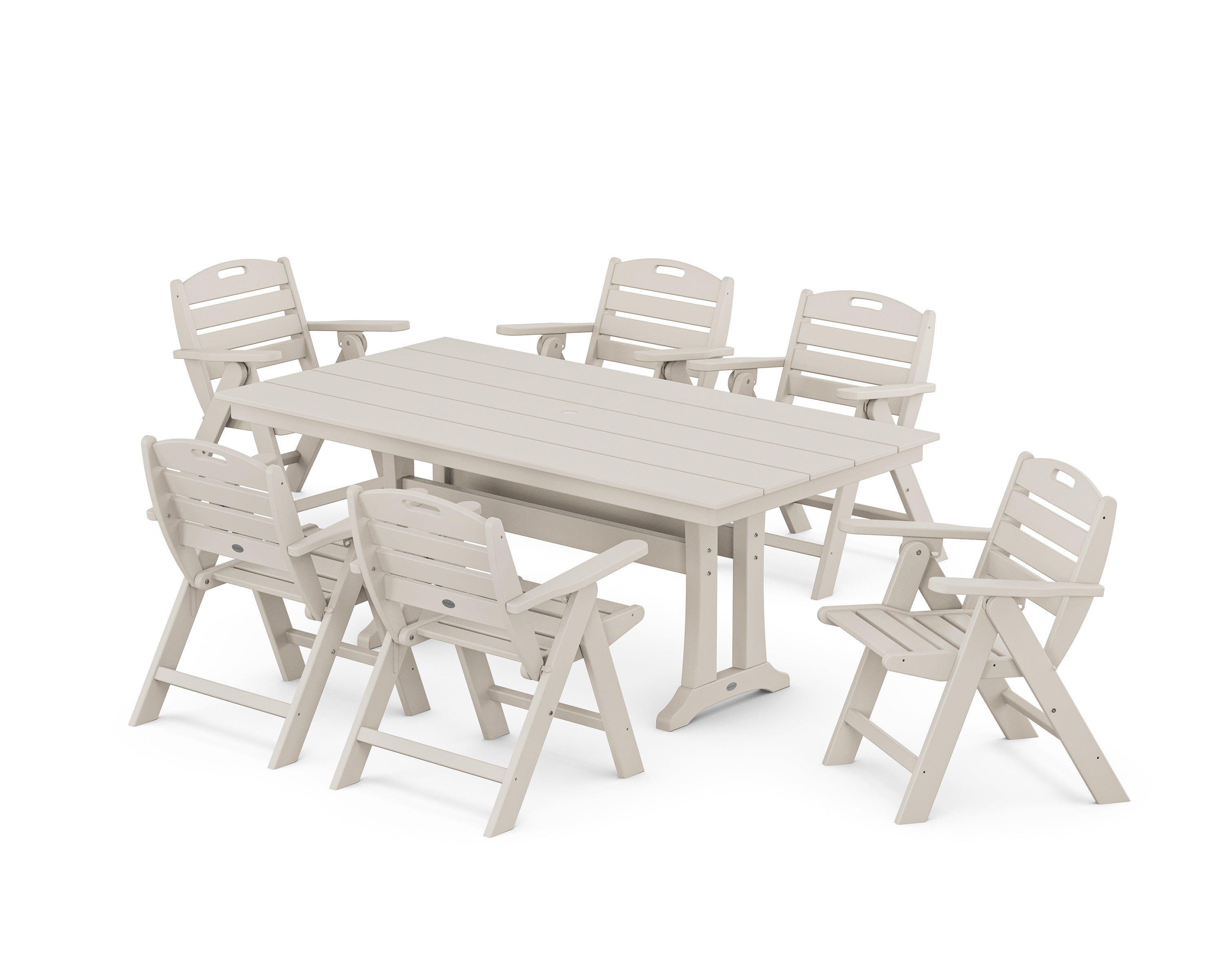 POLYWOOD Nautical Lowback 7-Piece Farmhouse Dining Set with Trestle Legs in Sand