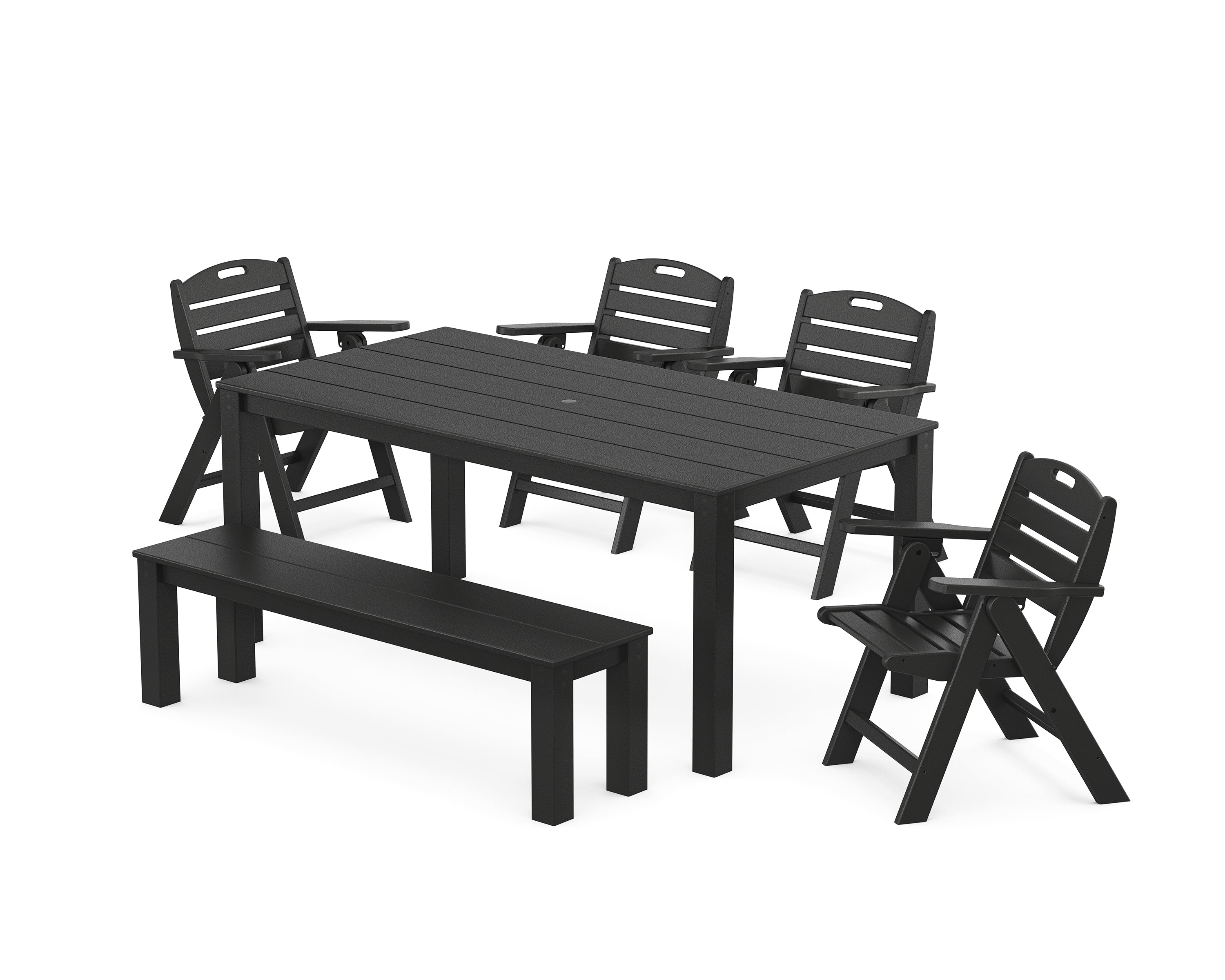 POLYWOOD Nautical Folding Lowback Chair 6-Piece Parsons Dining Set with Bench in Black