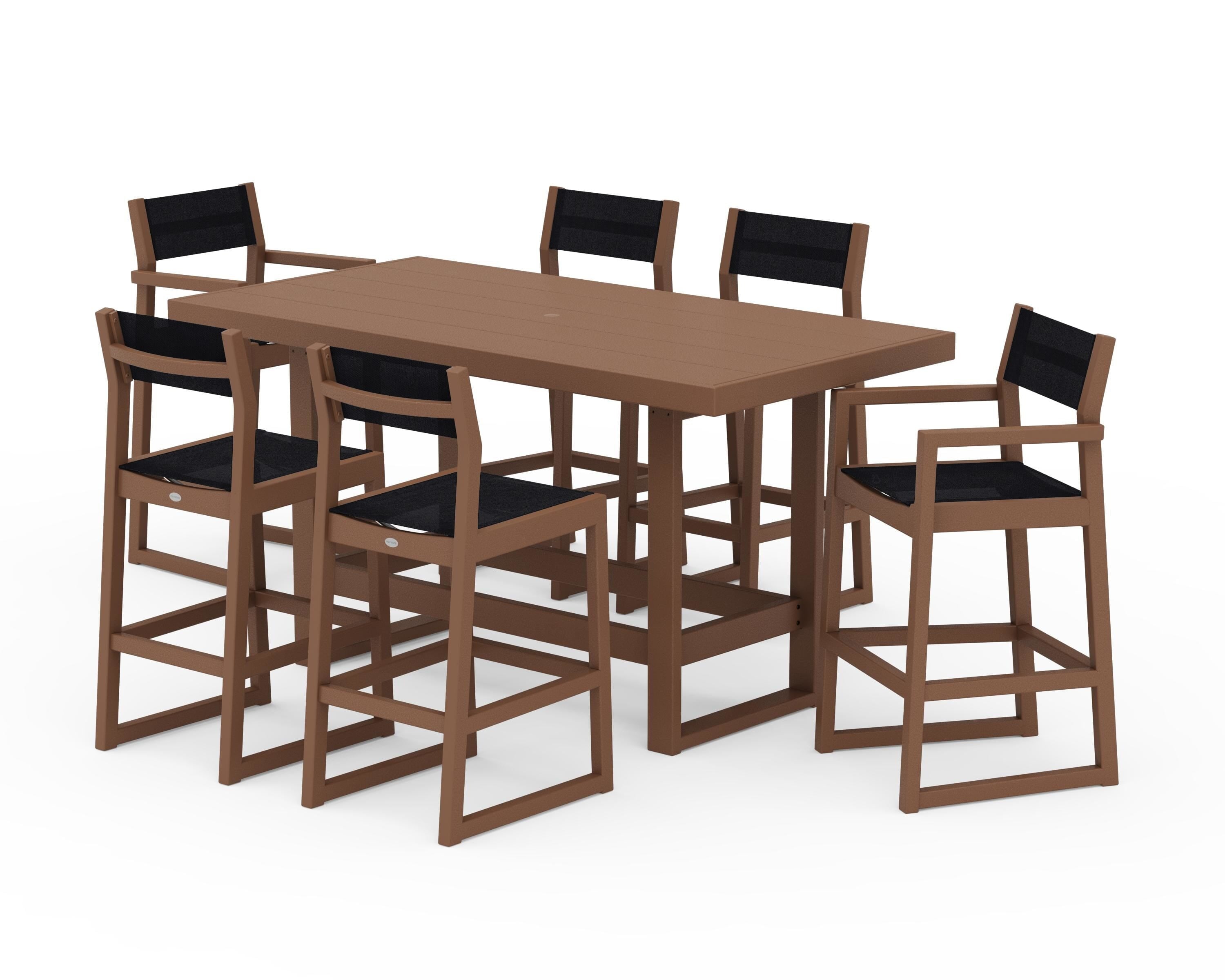 POLYWOOD EDGE Sling 7-Piece Bar Table Set in Teak / Black Sling