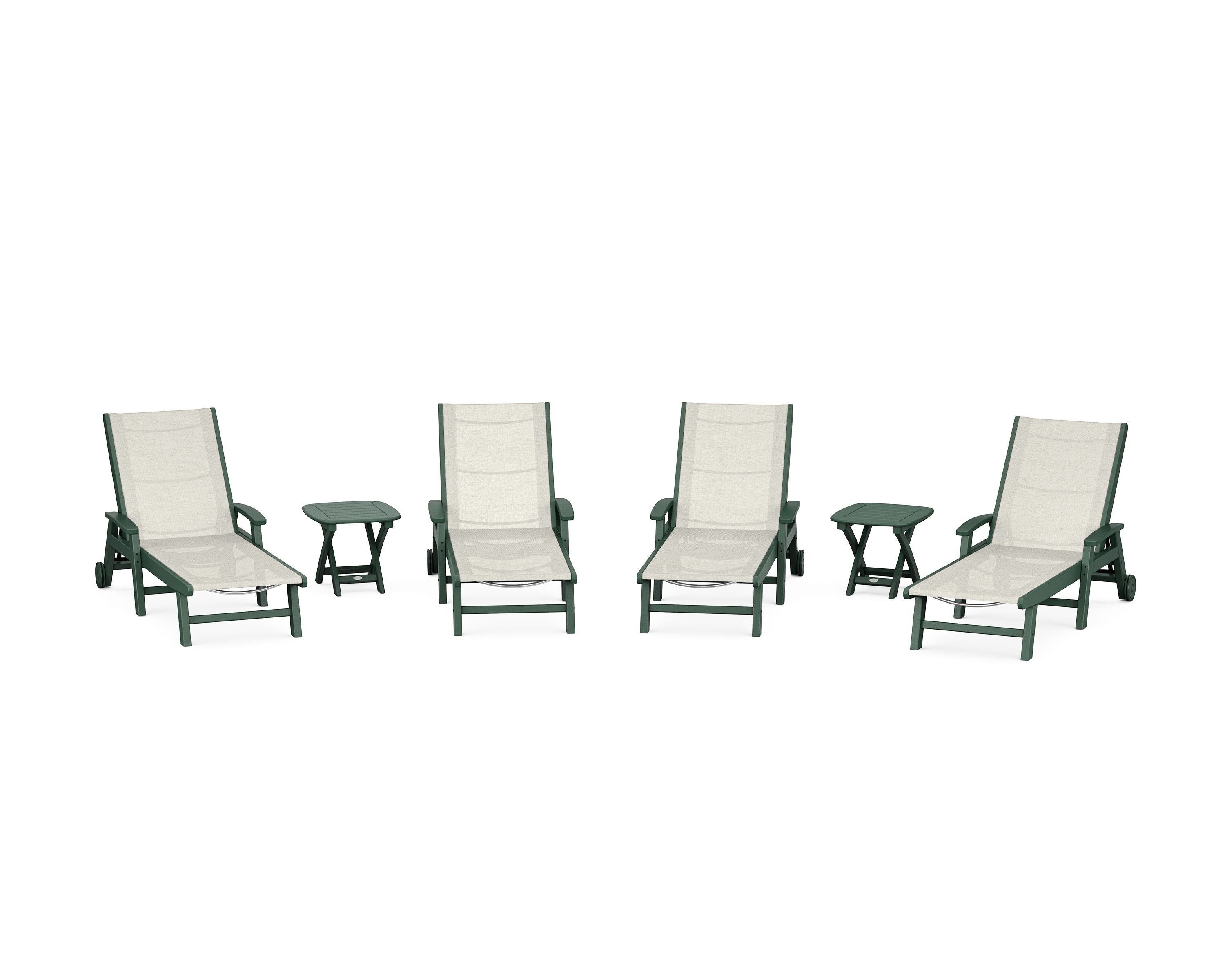 POLYWOOD Coastal Chaise 6-Piece Set with Wheels in Green / Parchment Sling