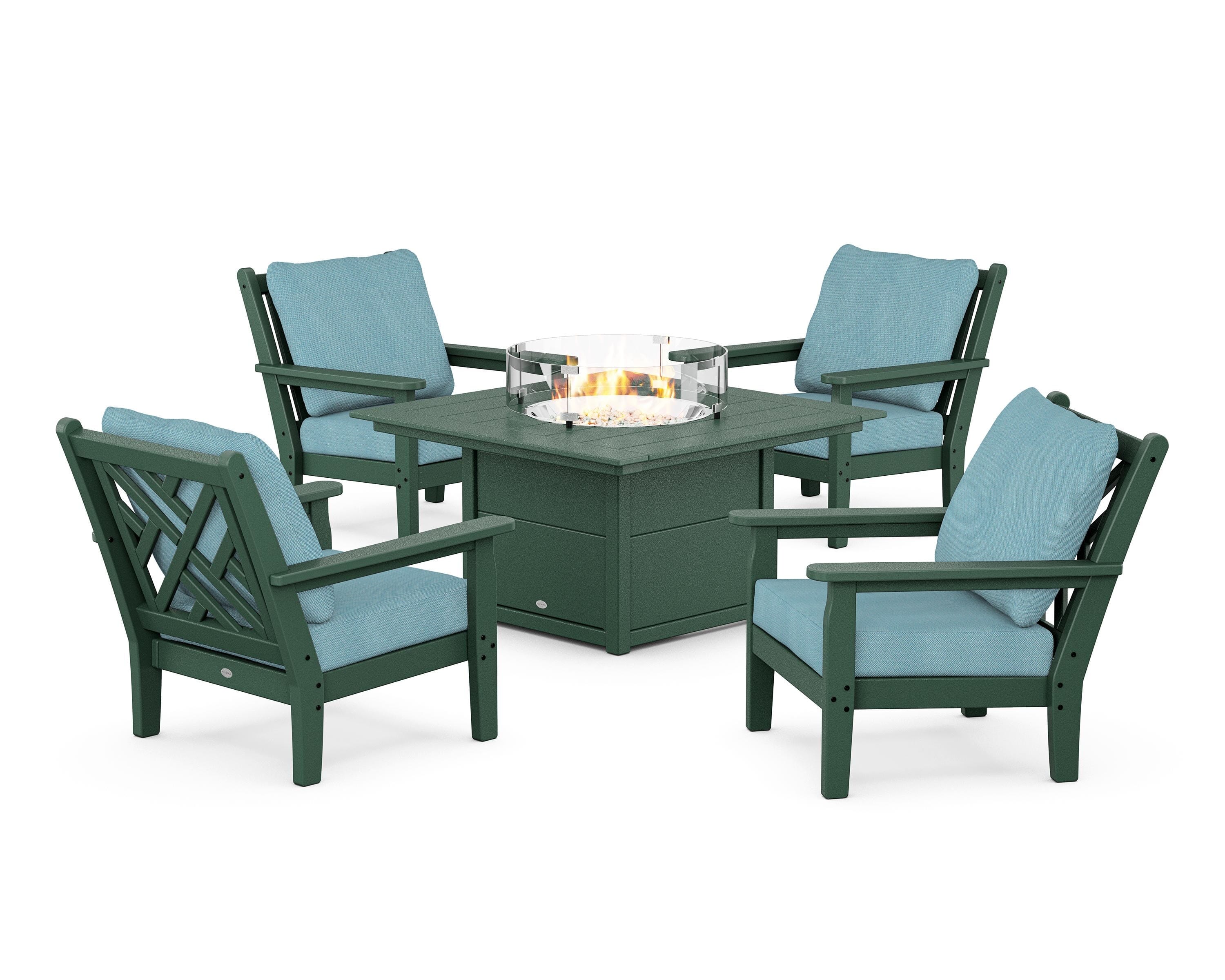 POLYWOOD Chippendale 5-Piece Deep Seating Set with Fire Pit Table in Green / Lattice Sky Blue