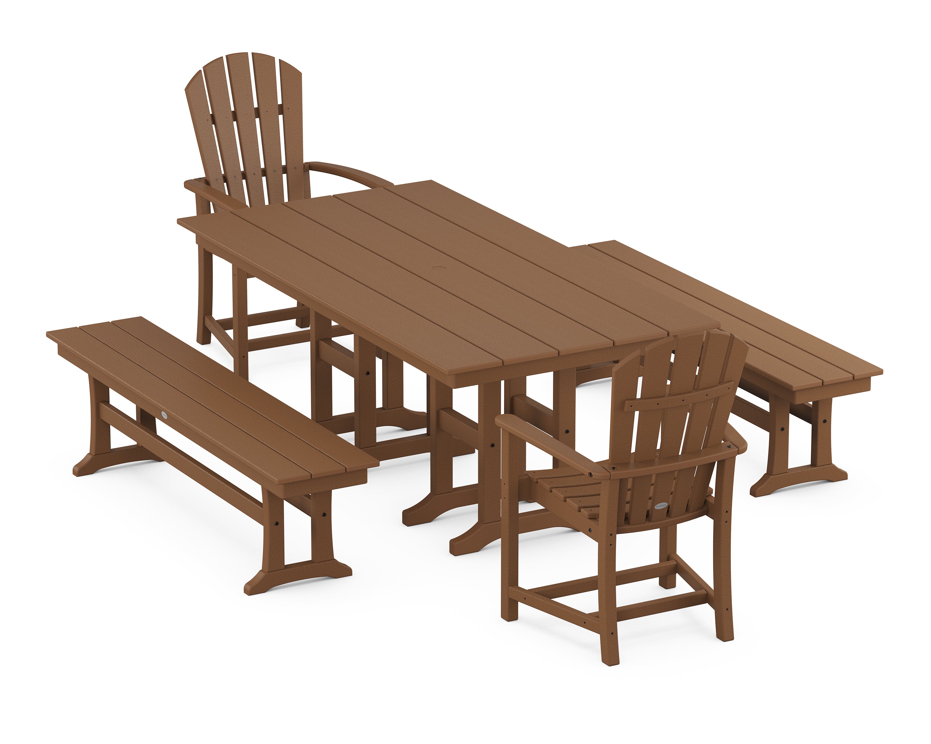 POLYWOOD Palm Coast 5-Piece Farmhouse Dining Set with Benches in Teak
