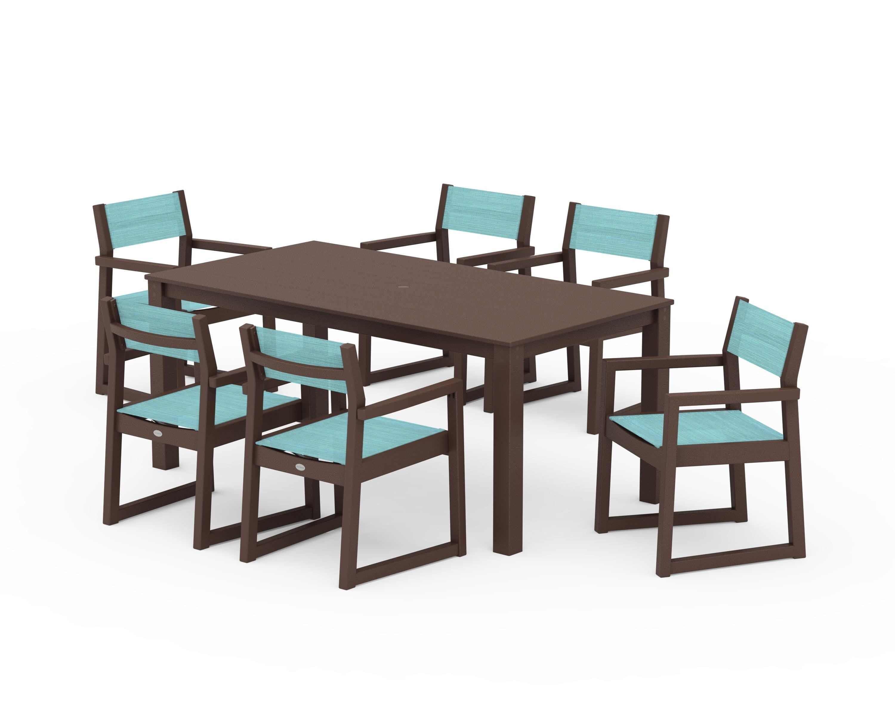 POLYWOOD EDGE Sling Arm Chair 7-Piece Parsons Dining Set in Mahogany / Dupioni Aquamarine Sling