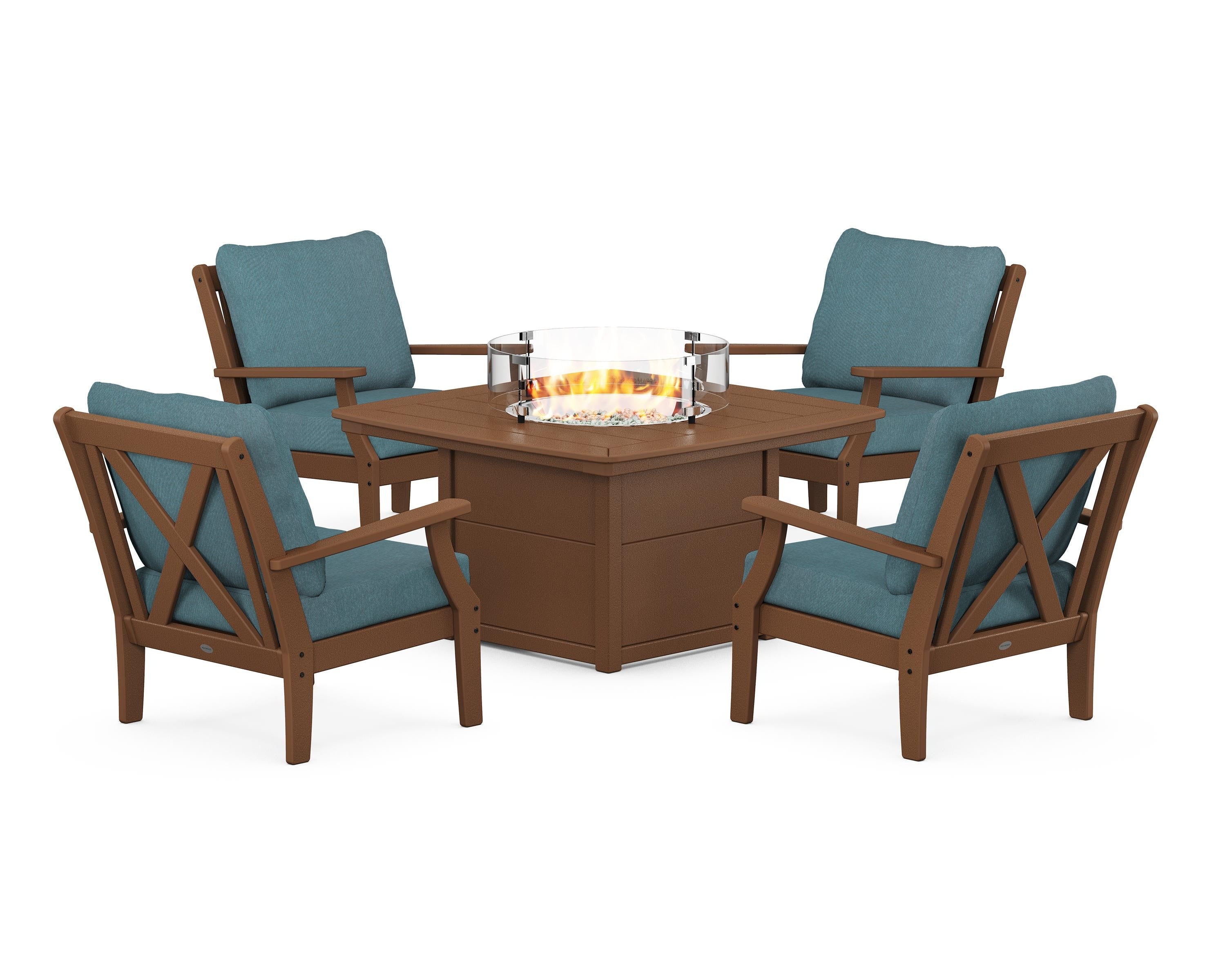 POLYWOOD Braxton 5-Piece Deep Seating Conversation Set with Fire Pit Table in Teak / Ocean Teal