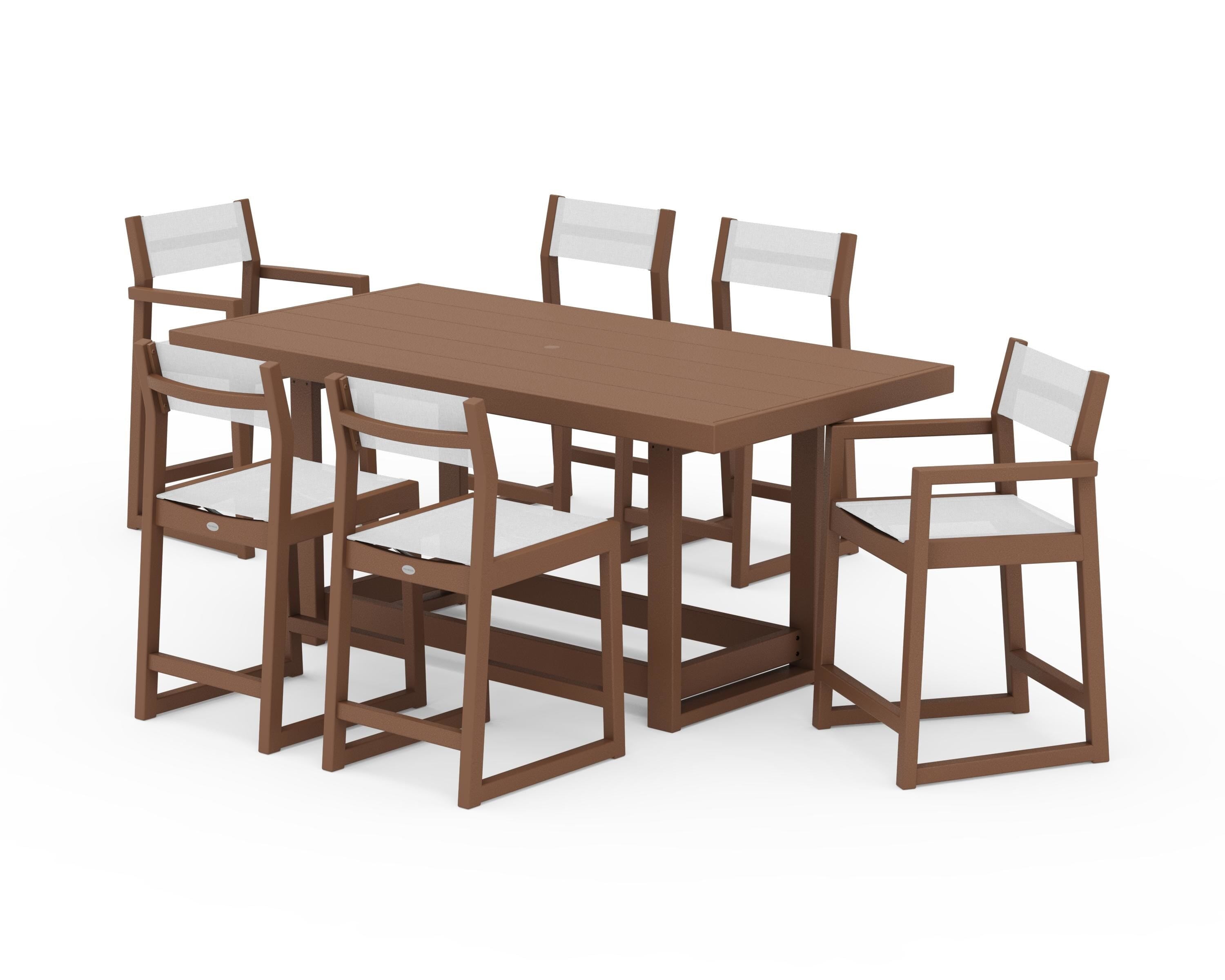 POLYWOOD EDGE Sling 7-Piece Counter Table Set in Teak / White Sling