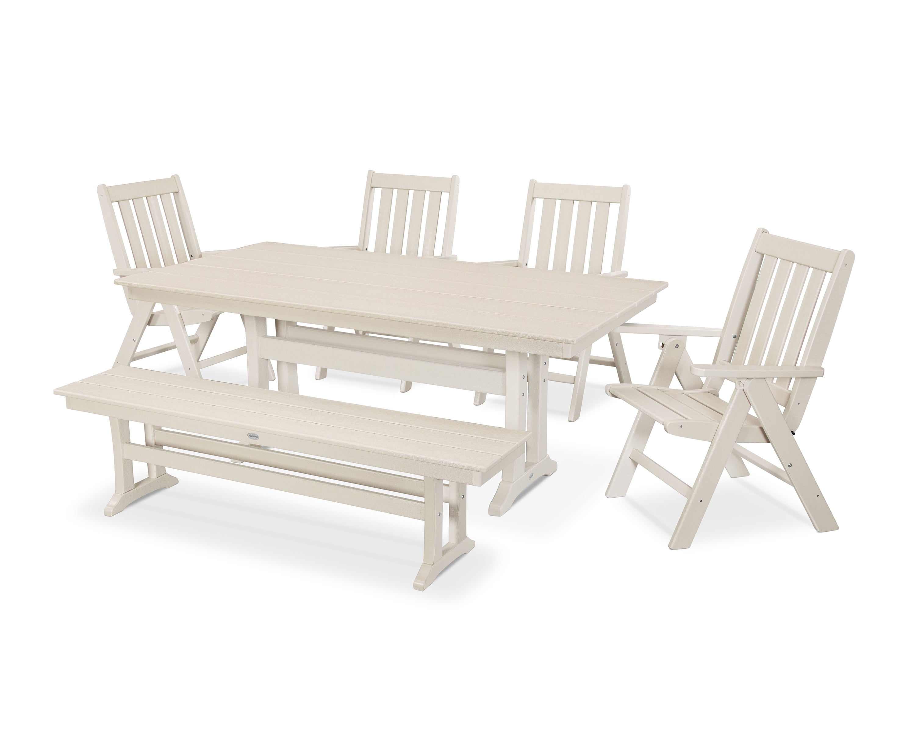 POLYWOOD® Vineyard 6-Piece Folding Chair Farmhouse Dining Set with Trestle Legs and Bench in Sand