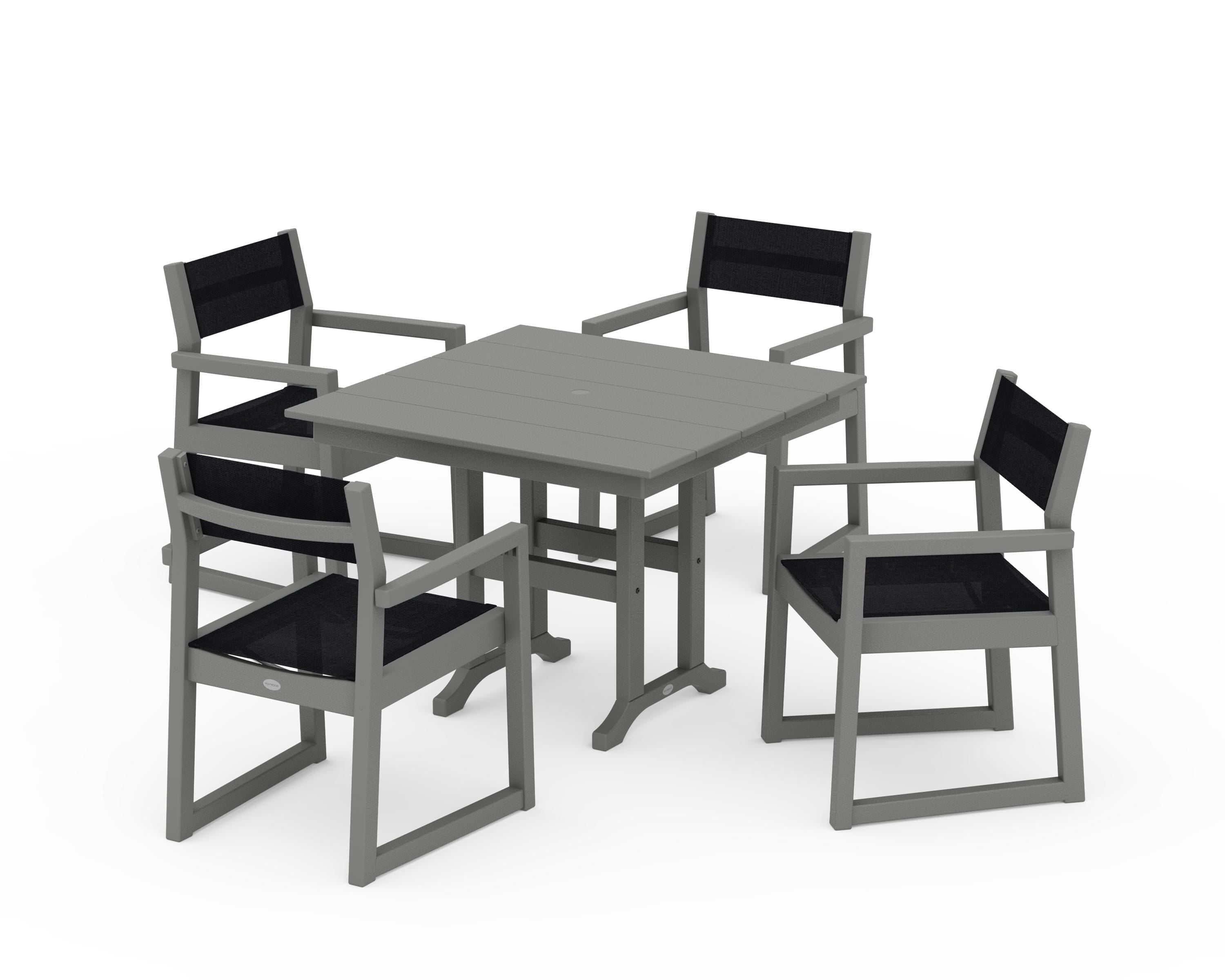 POLYWOOD EDGE Sling Arm Chair 5-Piece Farmhouse Dining Set in Slate Grey / Black Sling
