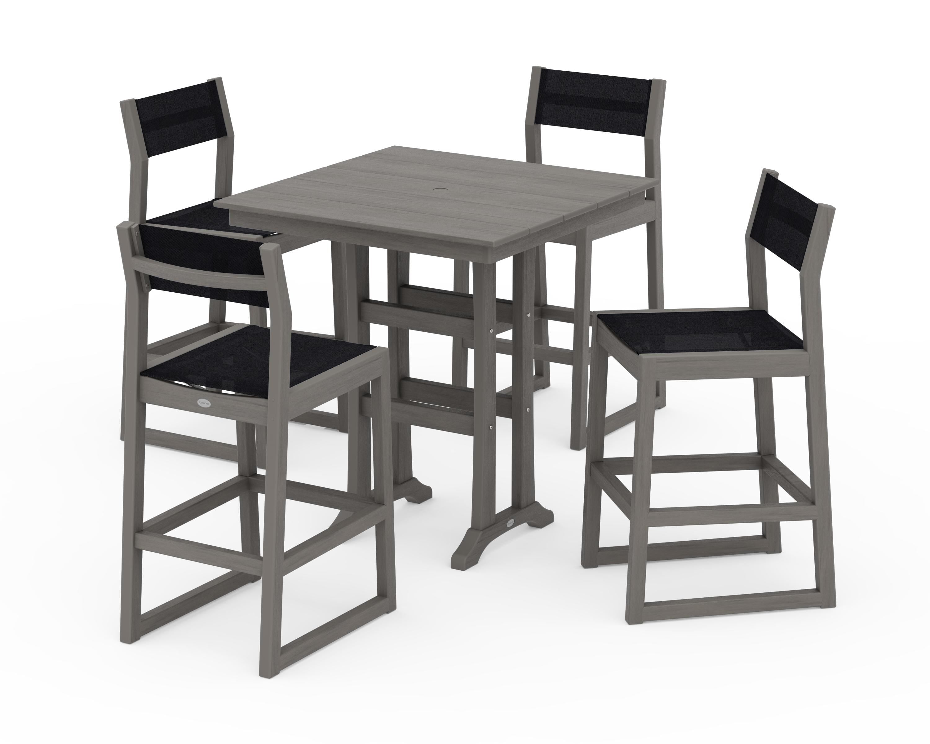 POLYWOOD EDGE Sling Arm Chair 5-Piece Farmhouse Bar Set with Trestle Legs in Driftwood / Black Sling