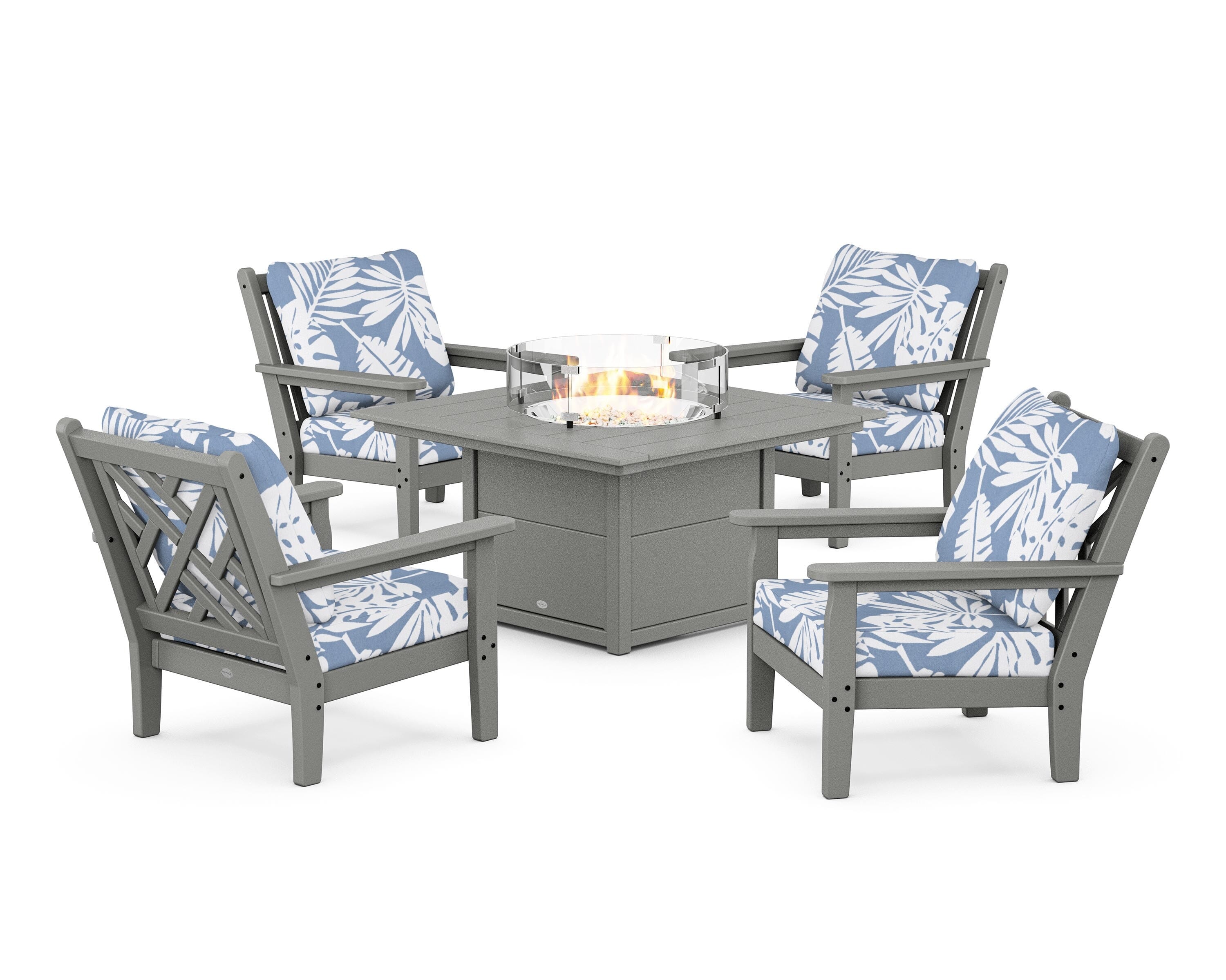 POLYWOOD Chippendale 5-Piece Deep Seating Set with Fire Pit Table in Slate Grey / Leaf Sky Blue