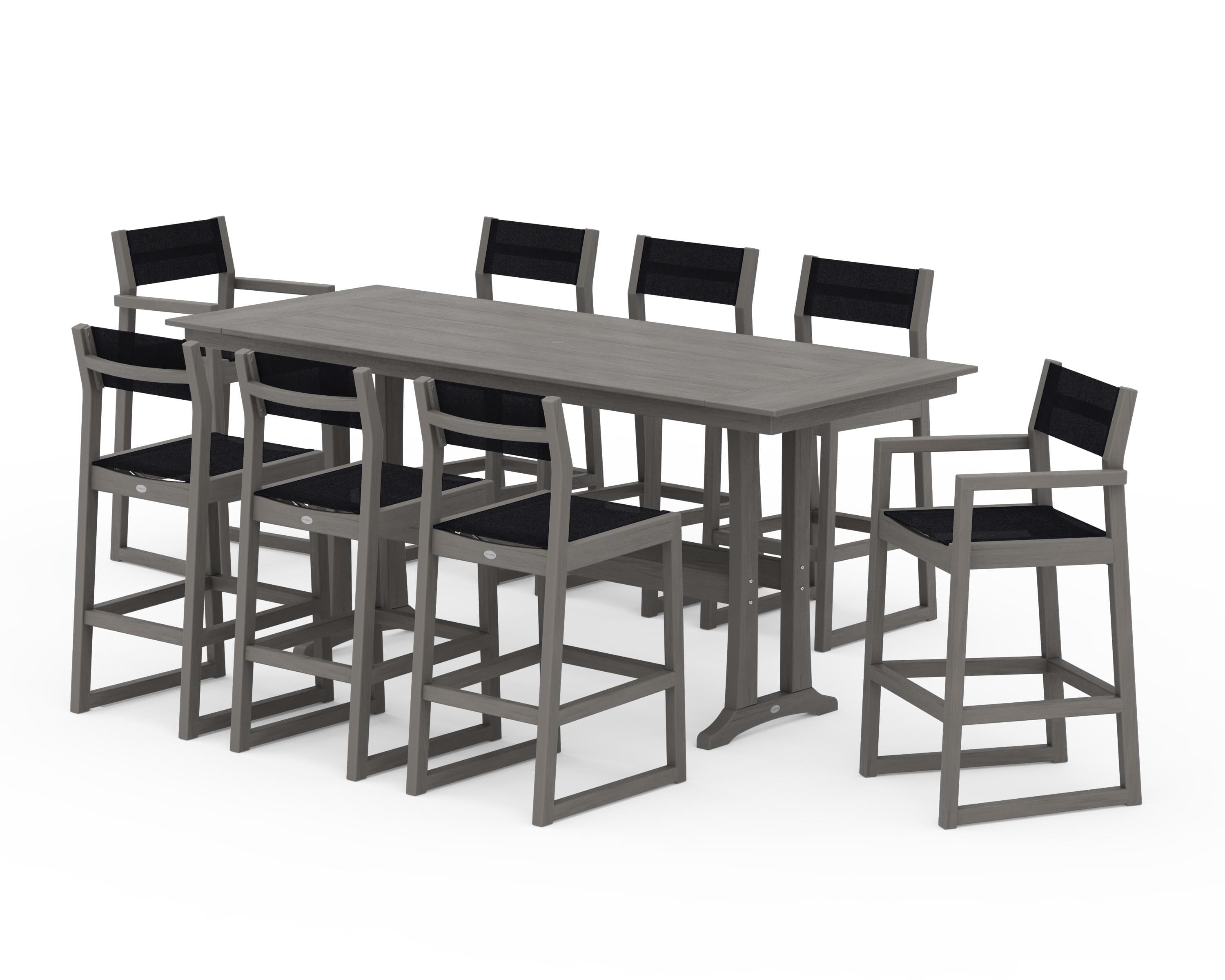 POLYWOOD EDGE Sling 9-Piece Farmhouse Bar Set with Trestle Legs in Driftwood / Black Sling
