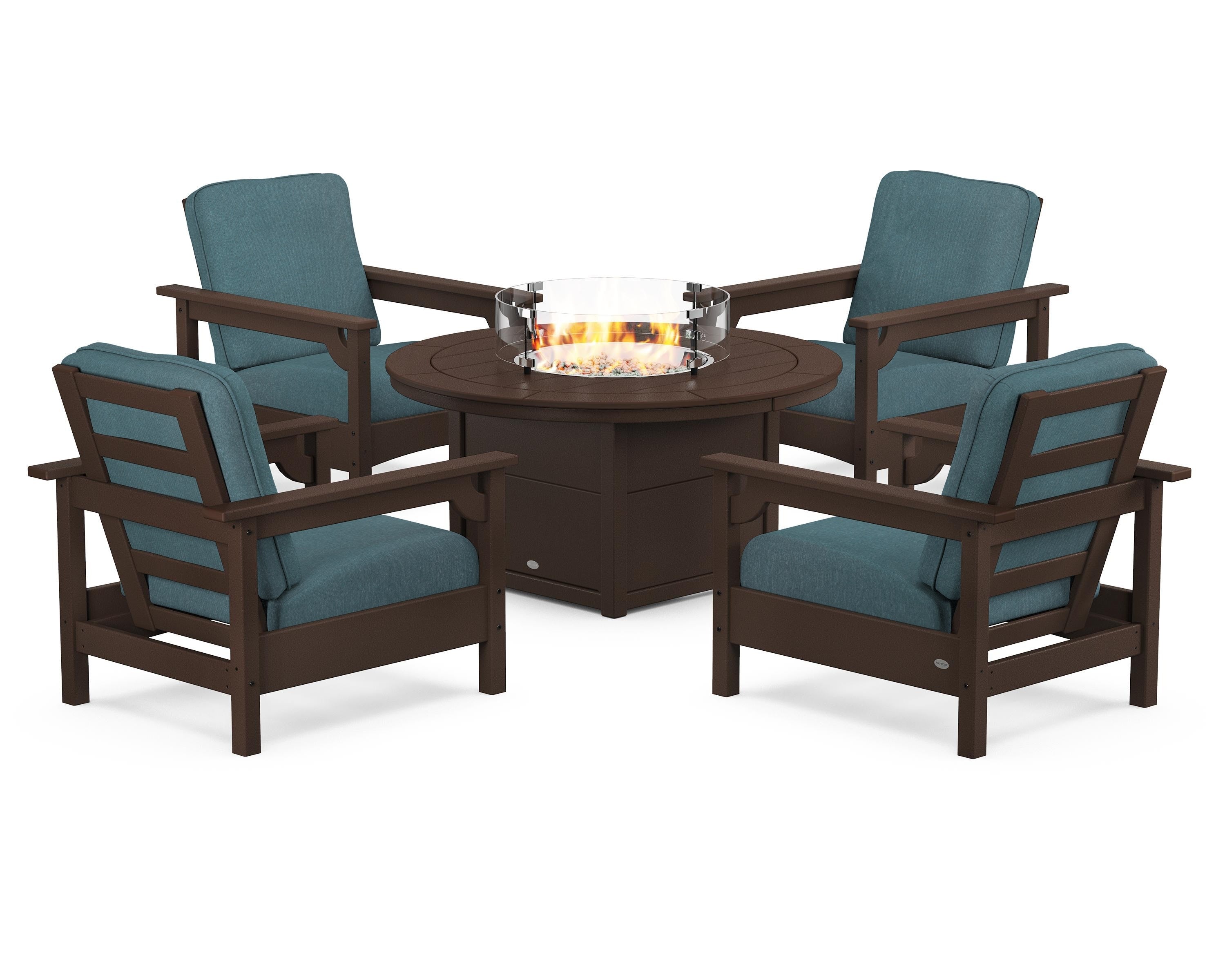 POLYWOOD Club 5-Piece Conversation Set with Fire Pit Table in Mahogany / Ocean Teal