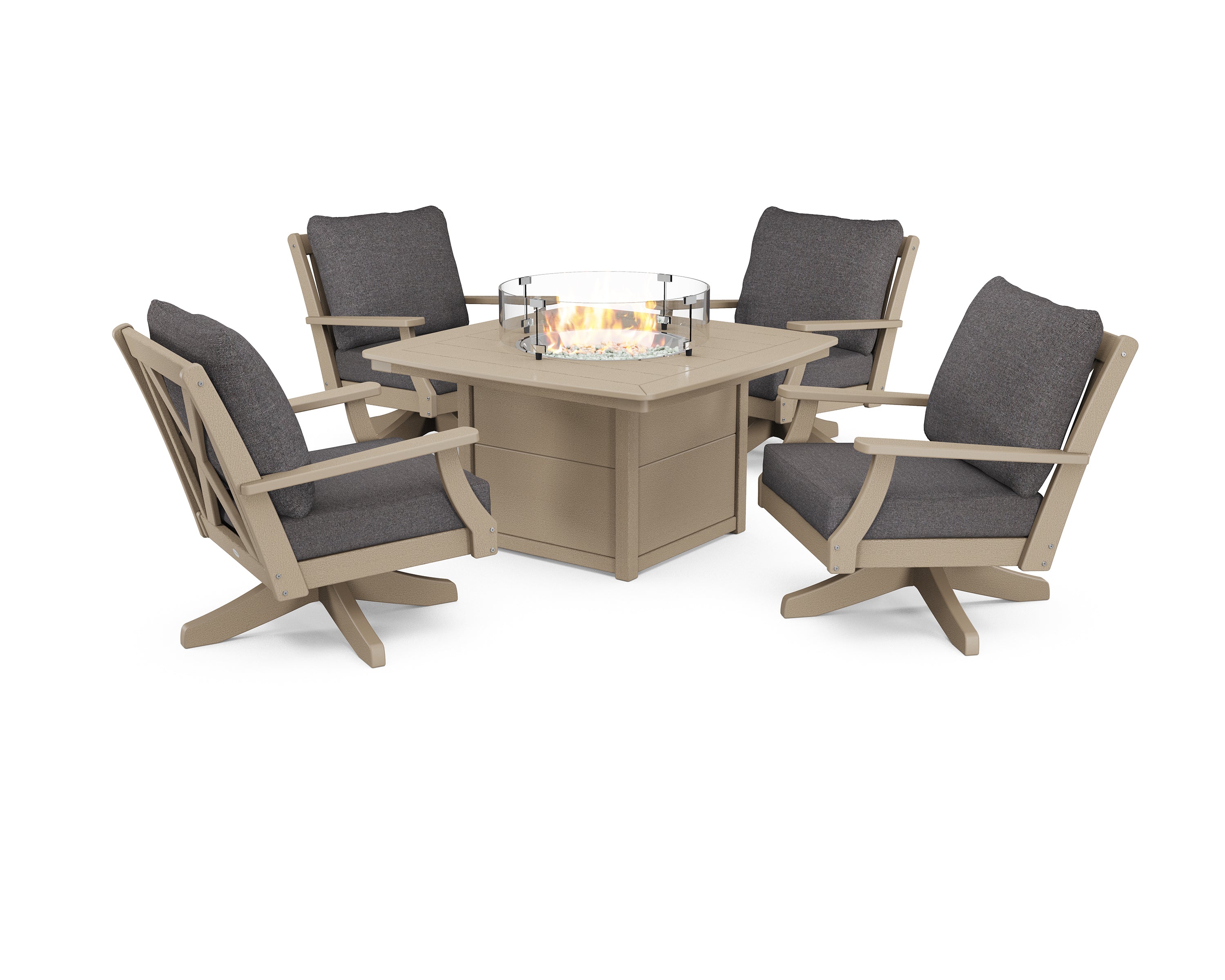 POLYWOOD Braxton 5-Piece Deep Seating Swivel Conversation Set with Fire Pit Table in Vintage Sahara / Ash Charcoal