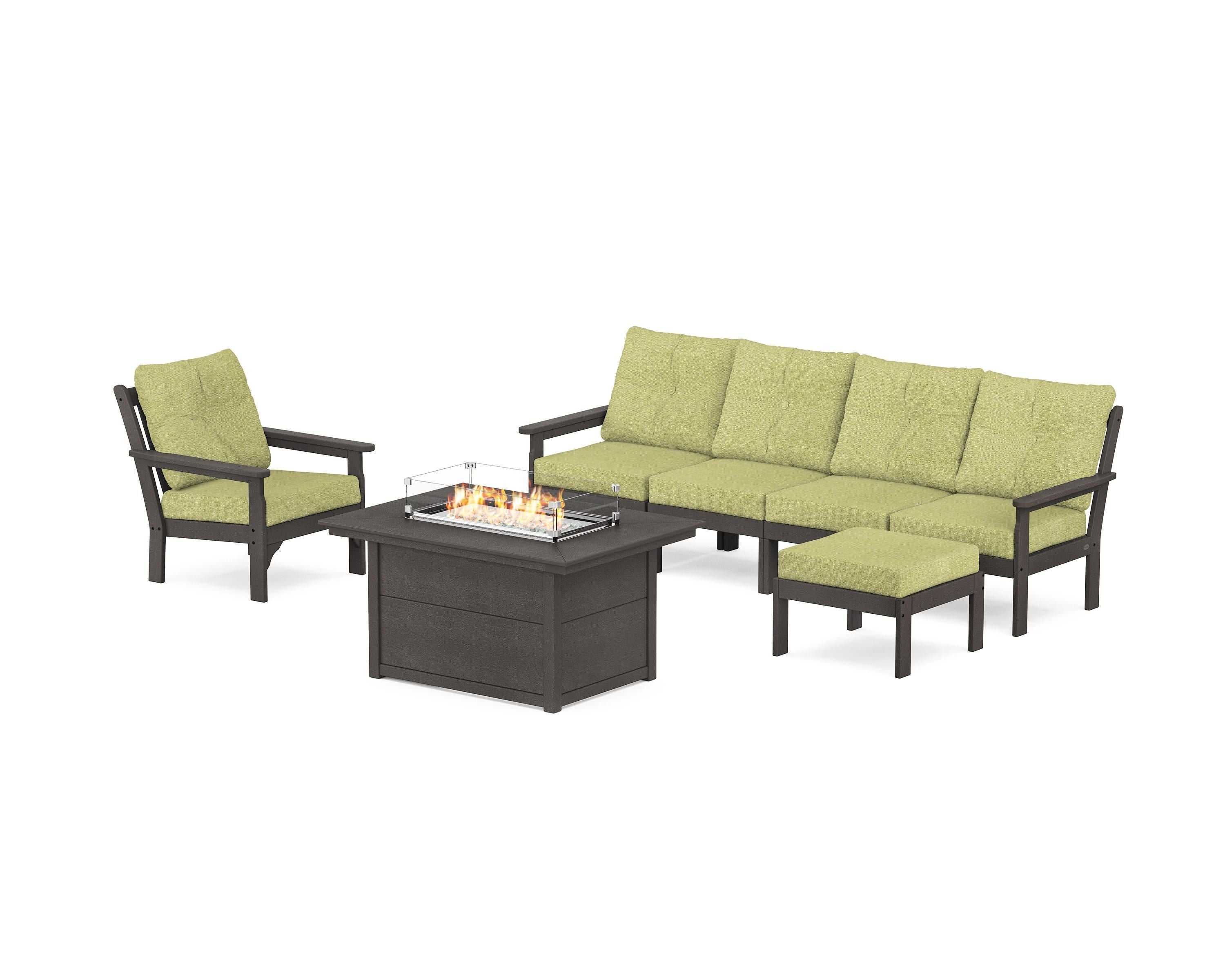 POLYWOOD Vineyard Sectional Lounge and Fire Pit Set in Vintage Coffee / Chartreuse Boucle