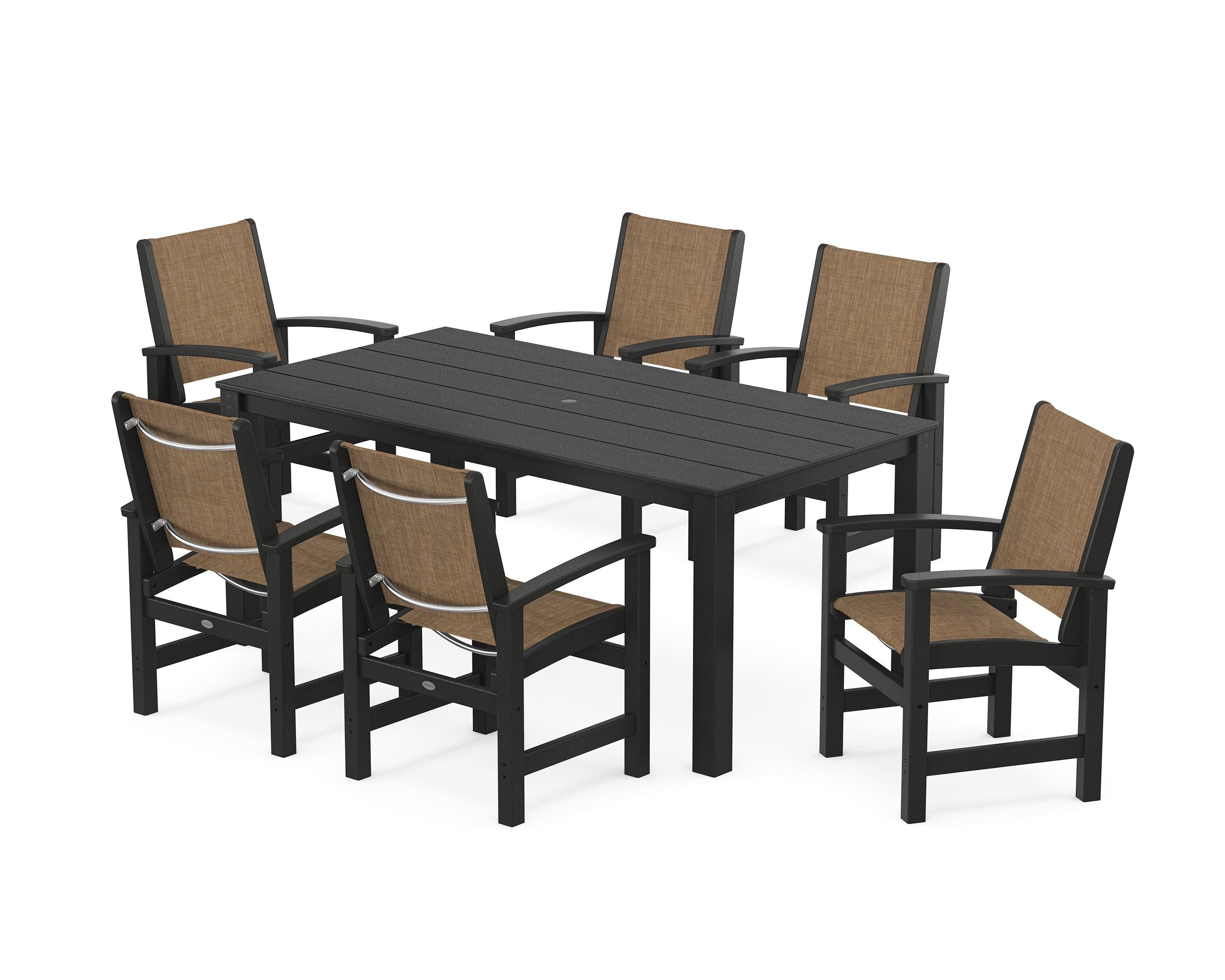 POLYWOOD Coastal 7-Piece Parsons Dining Set in Black / Burlap Sling