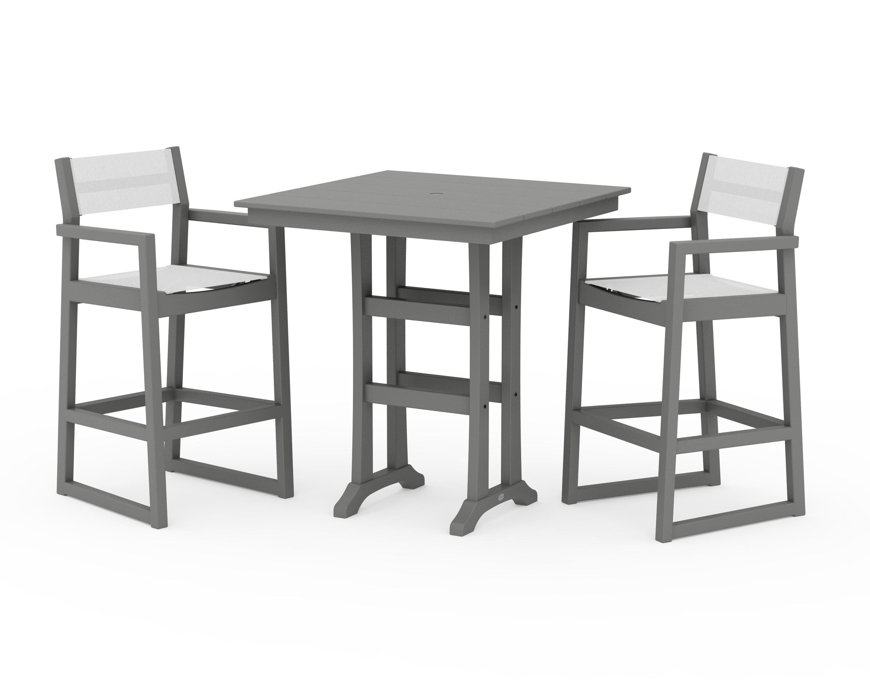 POLYWOOD EDGE Sling Arm Chair 3-Piece Farmhouse Bar Set with Trestle Legs in Slate Grey / White Sling