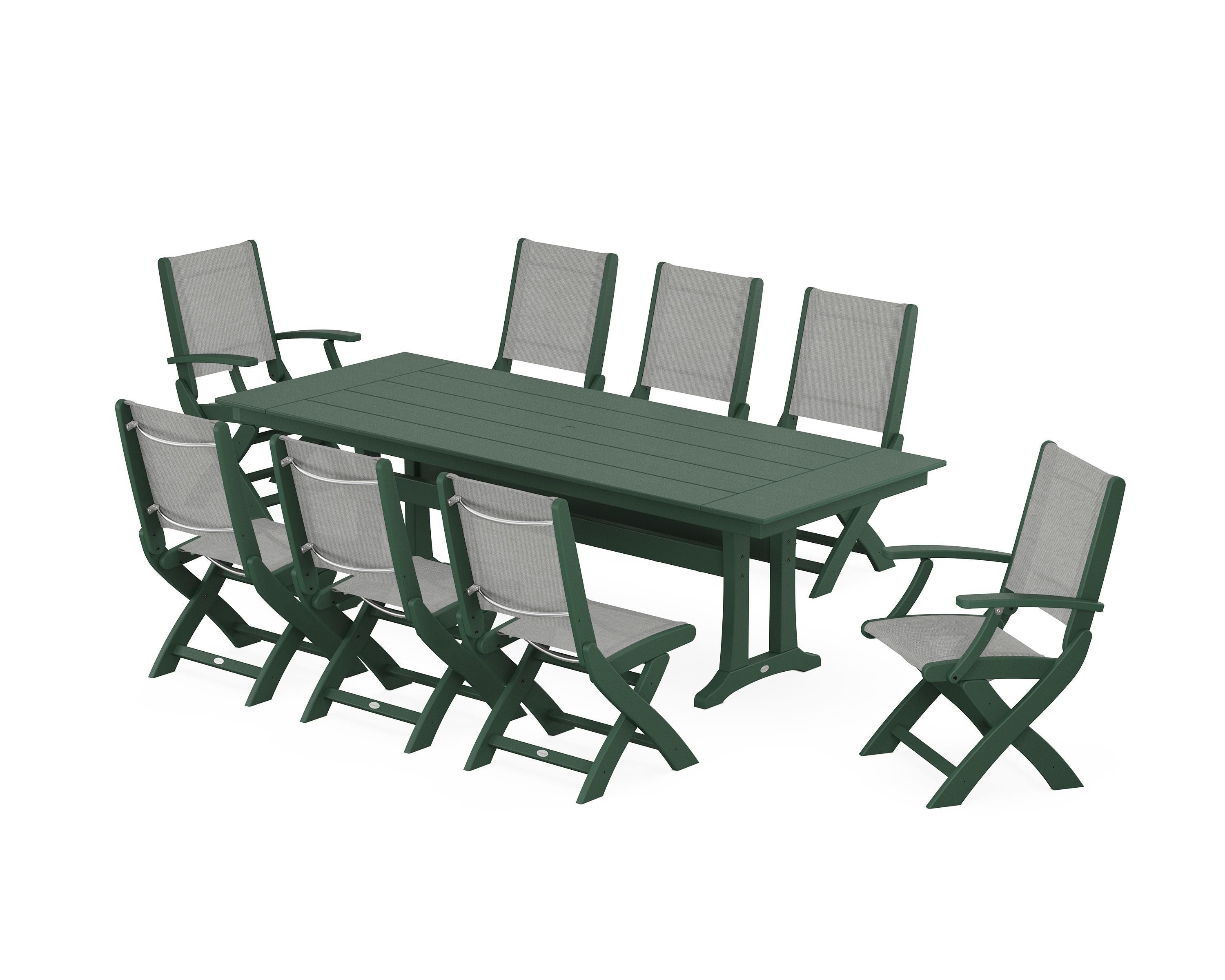 POLYWOOD Coastal 9-Piece Folding Dining Chair Farmhouse Dining Set with Trestle Legs in Green / Metallic Sling