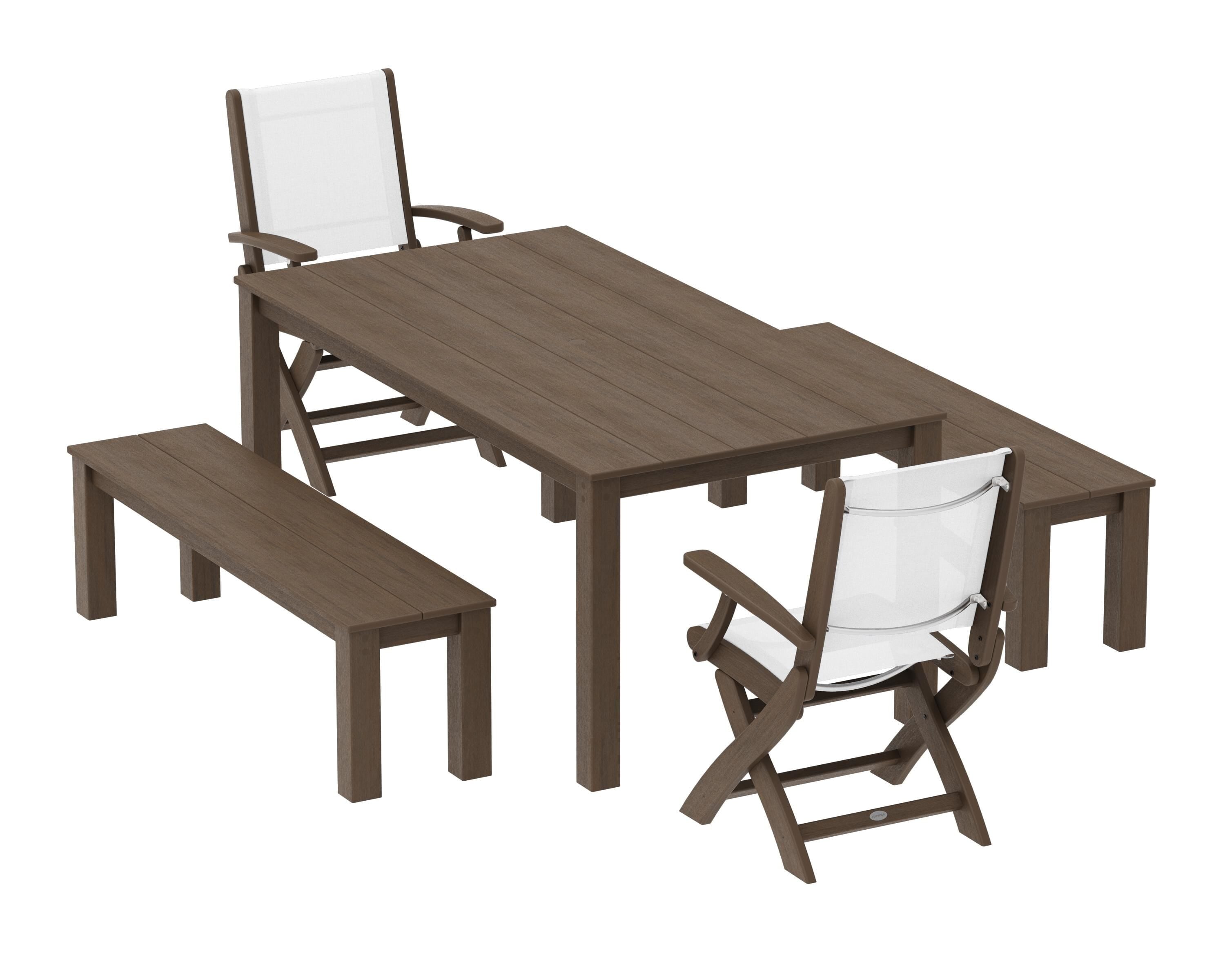 POLYWOOD Coastal Folding Chair 5-Piece Parsons Dining Set with Benches in Kona / White Sling