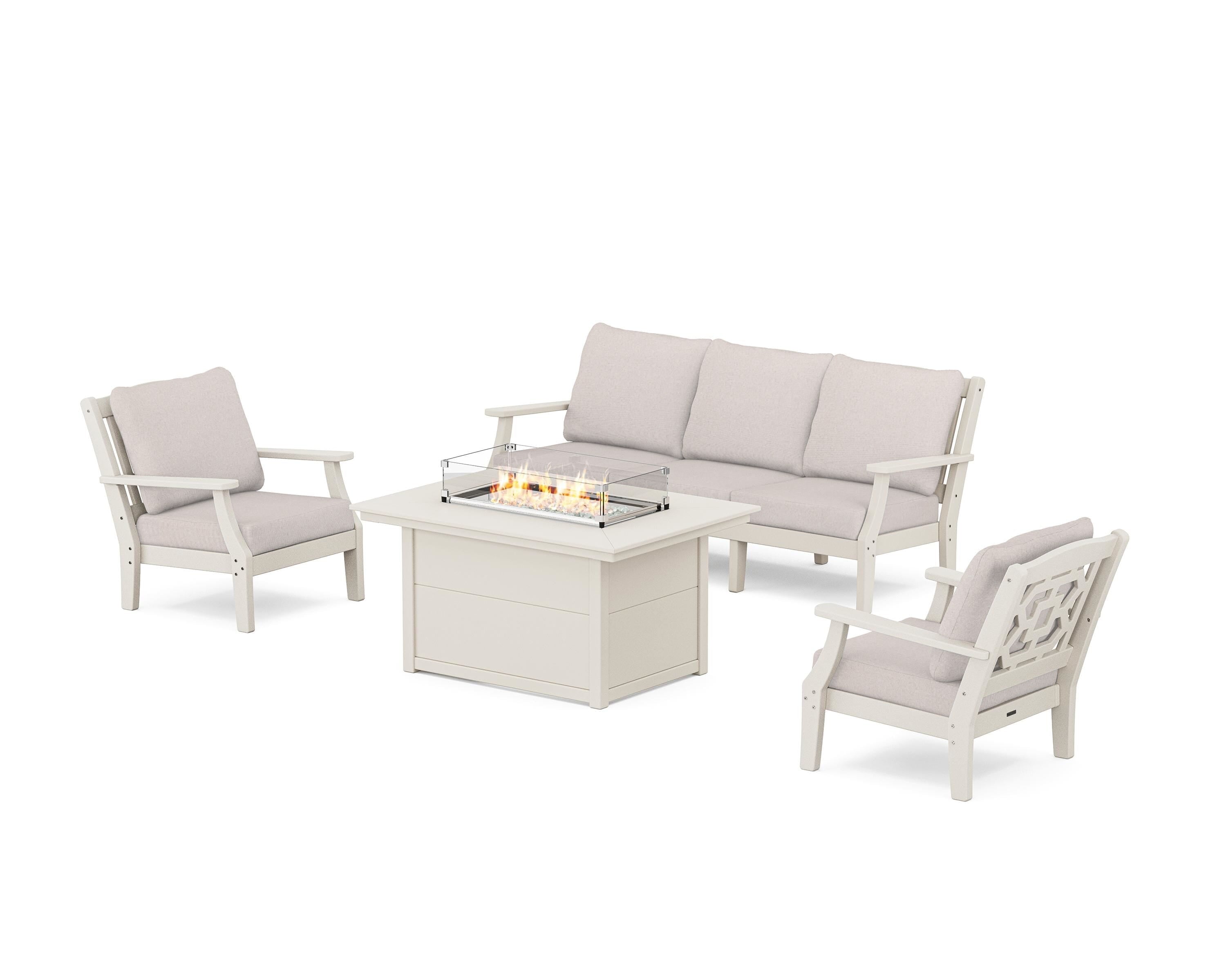 Martha Stewart by POLYWOOD Chinoiserie Deep Seating Fire Pit Table Set in Sand / Dune Burlap