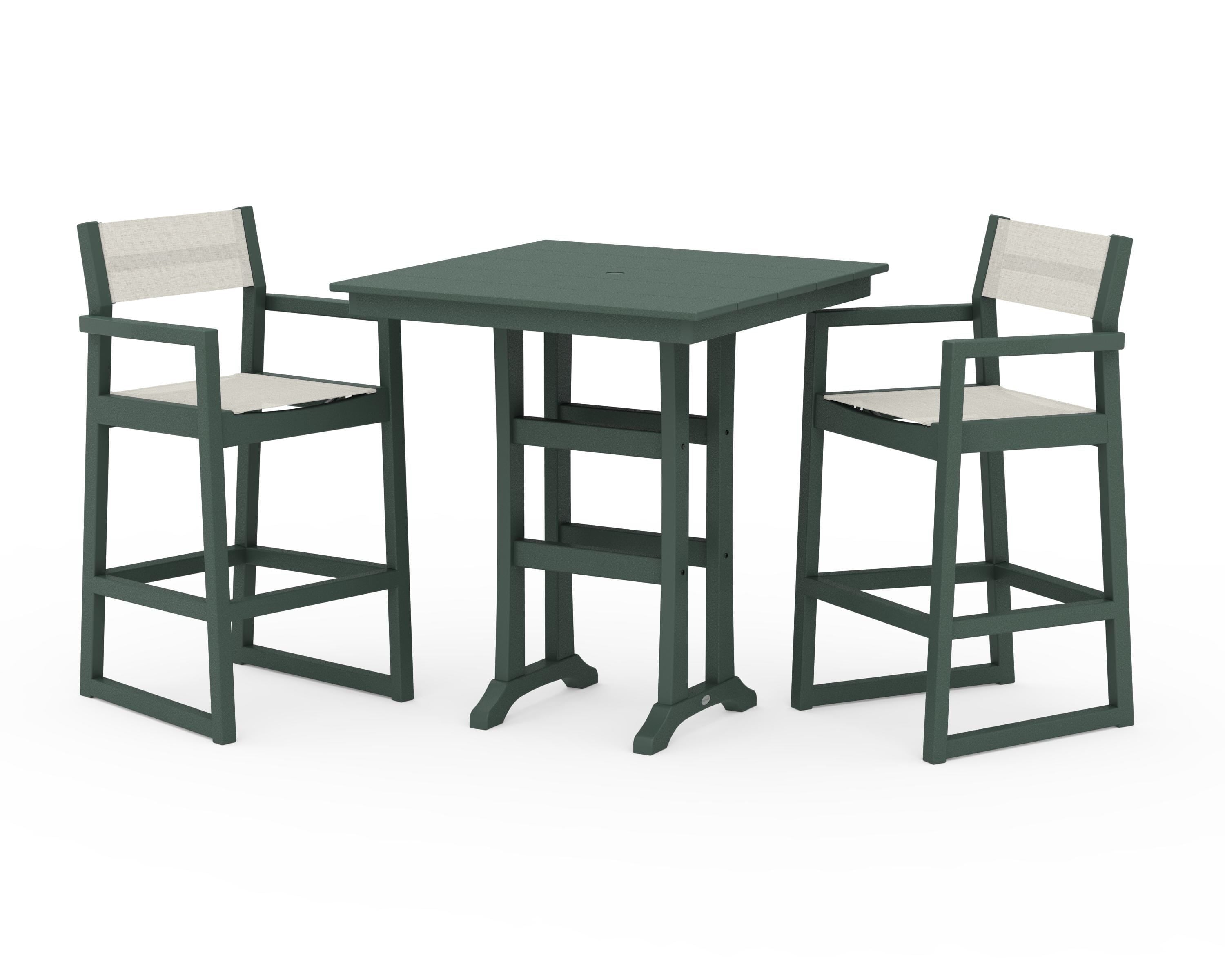 POLYWOOD EDGE Sling Arm Chair 3-Piece Farmhouse Bar Set with Trestle Legs in Green / Parchment Sling