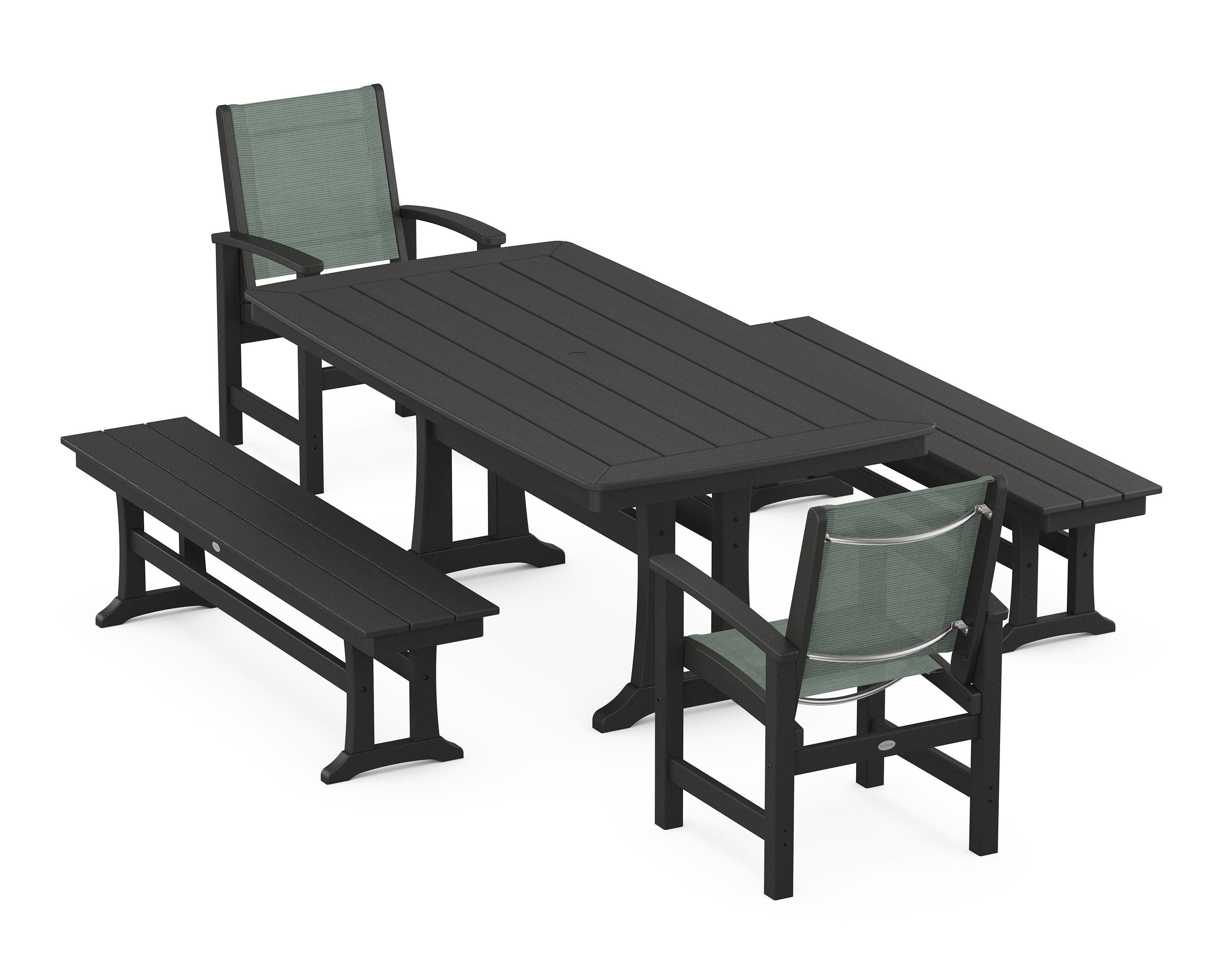 POLYWOOD Coastal 5-Piece Dining Set with Trestle Legs and Benches in Black / Dupioni Sea Mist Sling