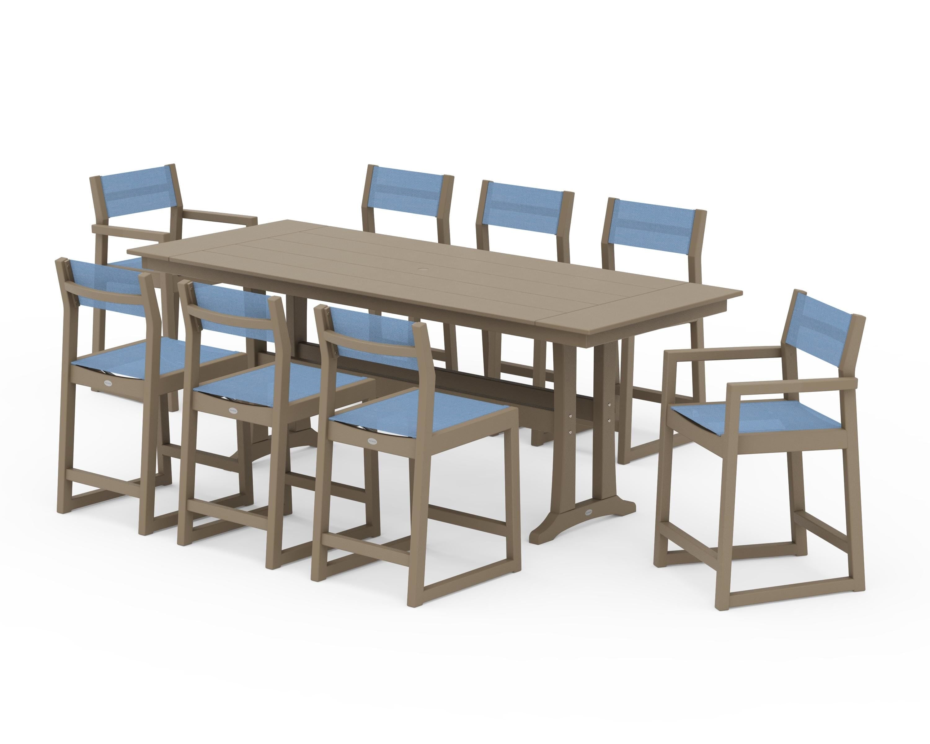 POLYWOOD EDGE Sling 9-Piece Farmhouse Counter Set with Trestle Legs in Vintage Sahara / Poolside Sling