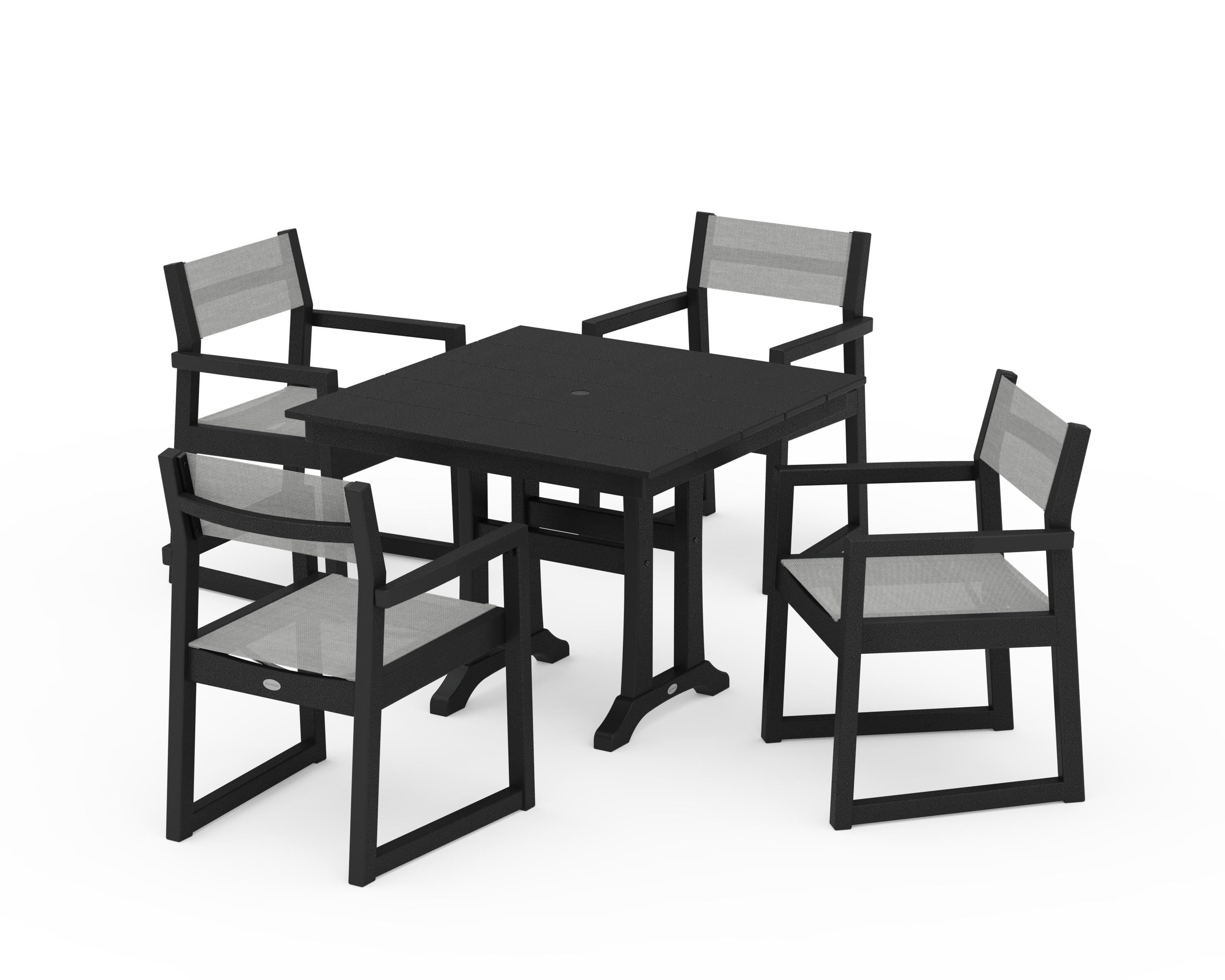 POLYWOOD EDGE Sling 5-Piece Farmhouse Dining Set with Trestle Legs in Black / Metallic Sling