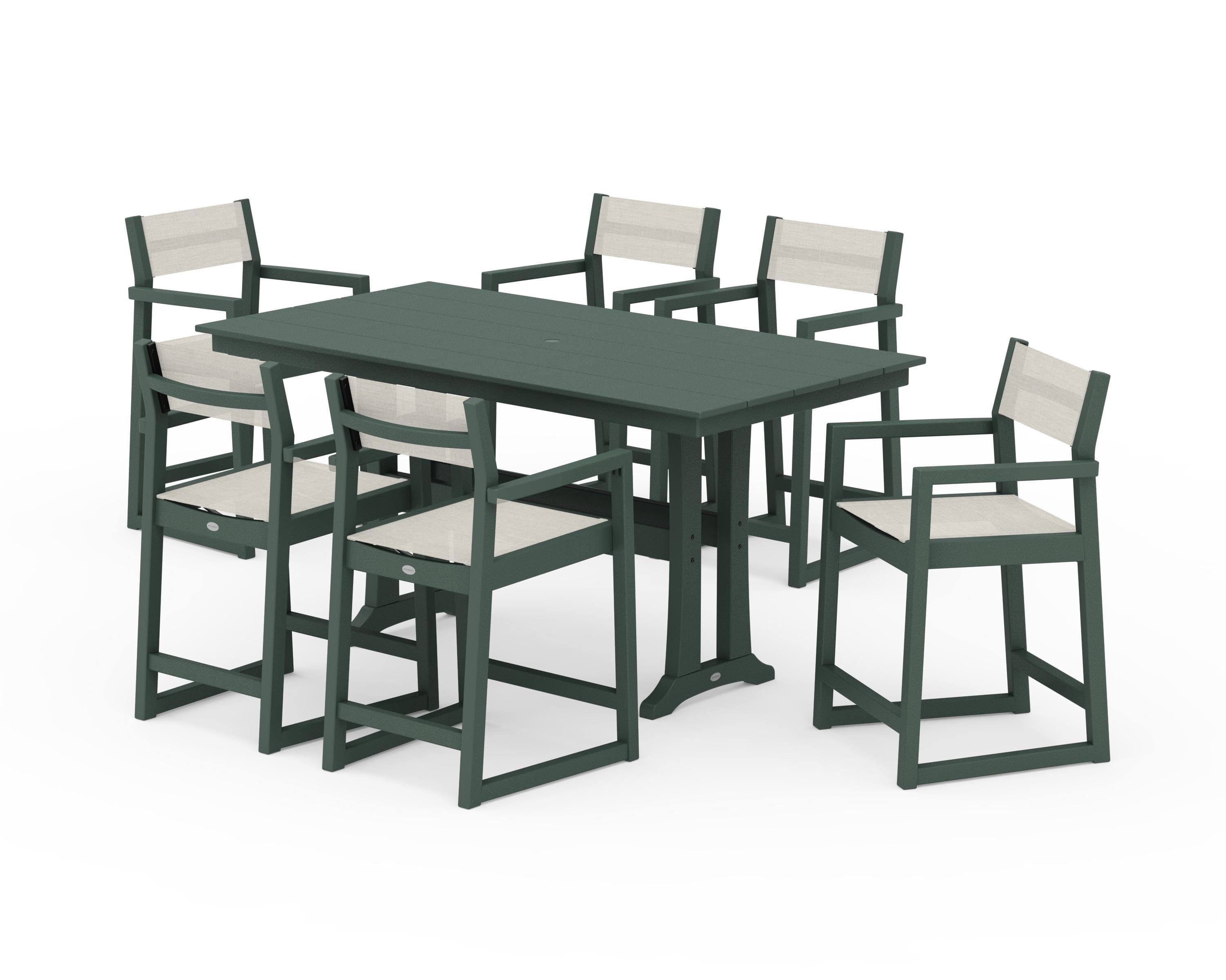 POLYWOOD EDGE Sling Arm Chair 7-Piece Farmhouse Counter Set with Trestle Legs in Green / Parchment Sling