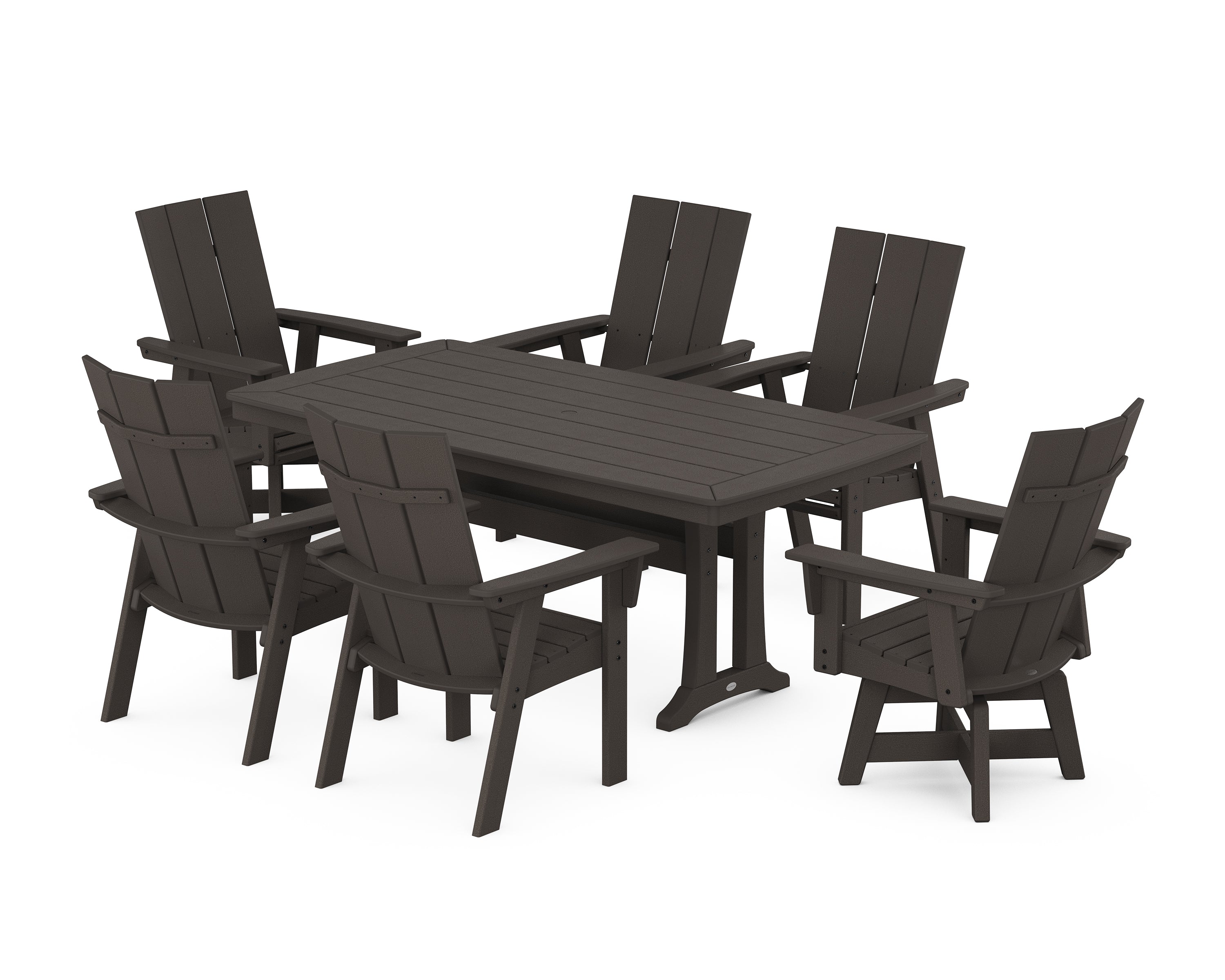 POLYWOOD Modern Adirondack Swivel Chair 7-Piece Dining Set with Trestle Legs in Vintage Coffee